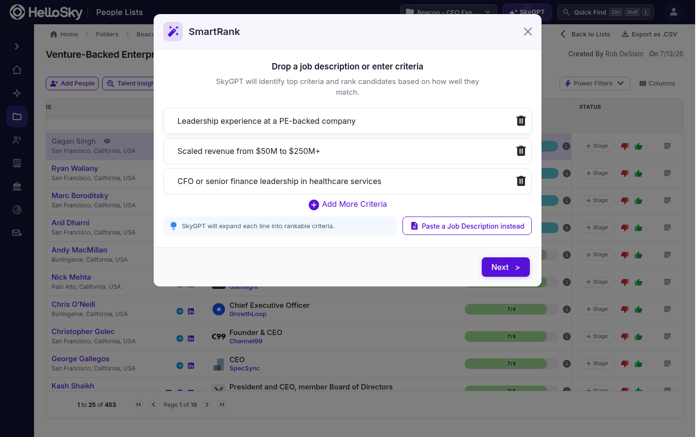 The SmartRank dialog with must-have criteria entered one per line