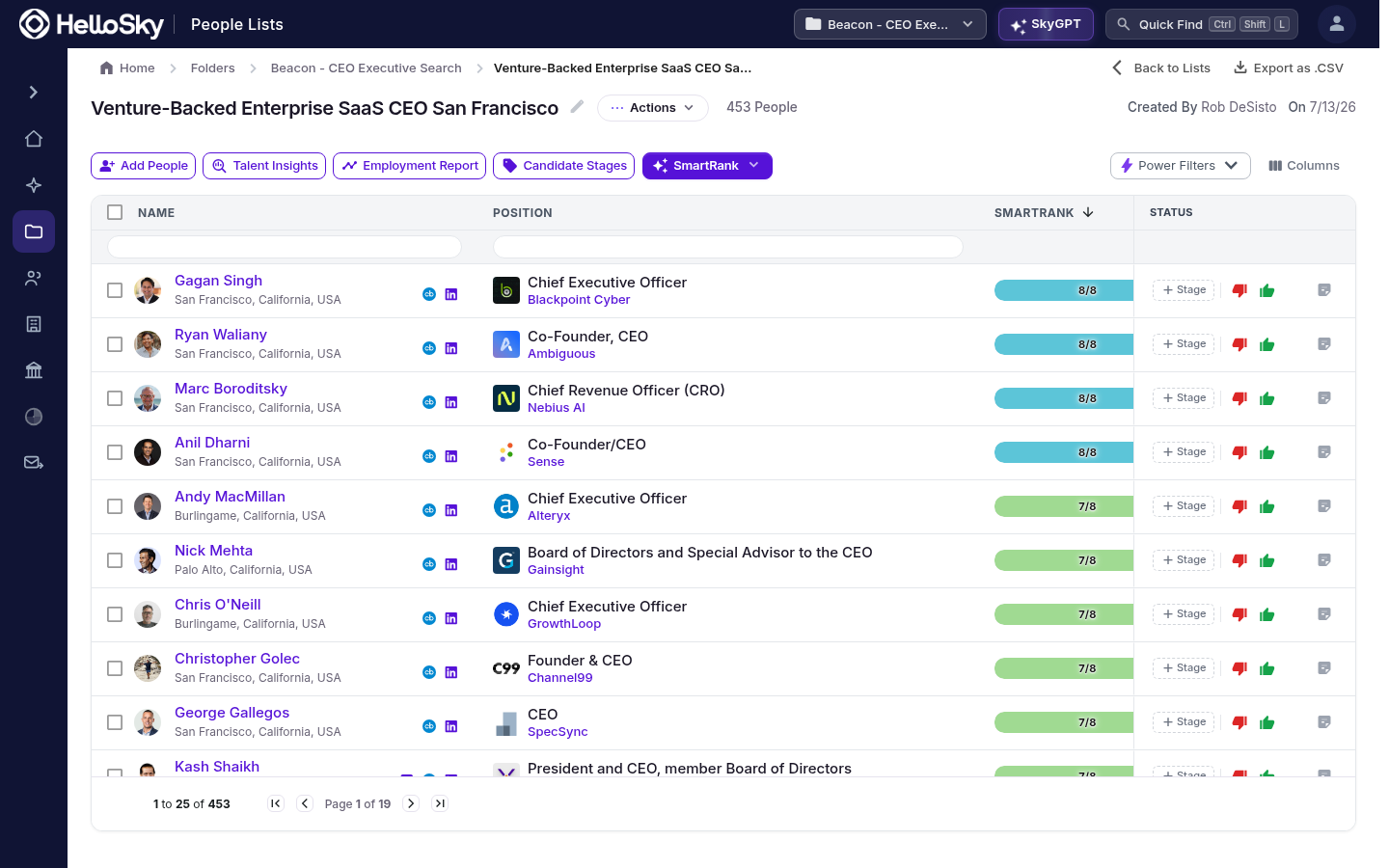 A SmartRanked candidate list sorted by score, with a match bar per person