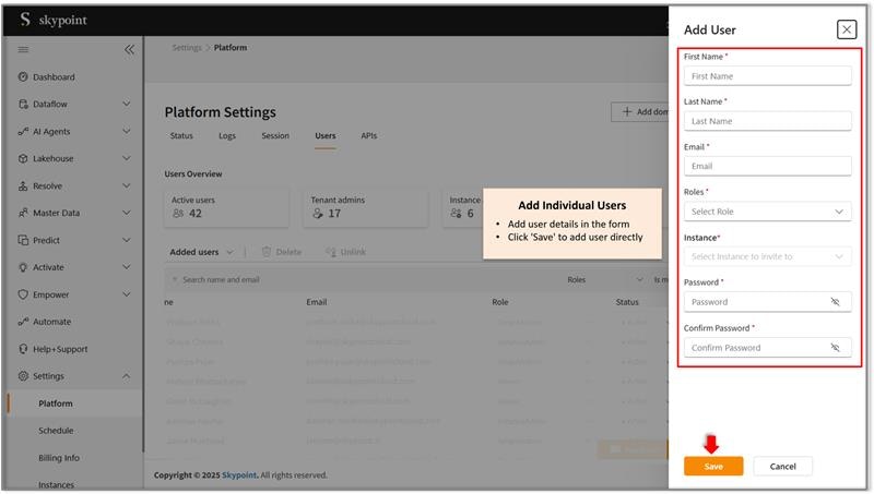 Create the user on Skypoint Studio