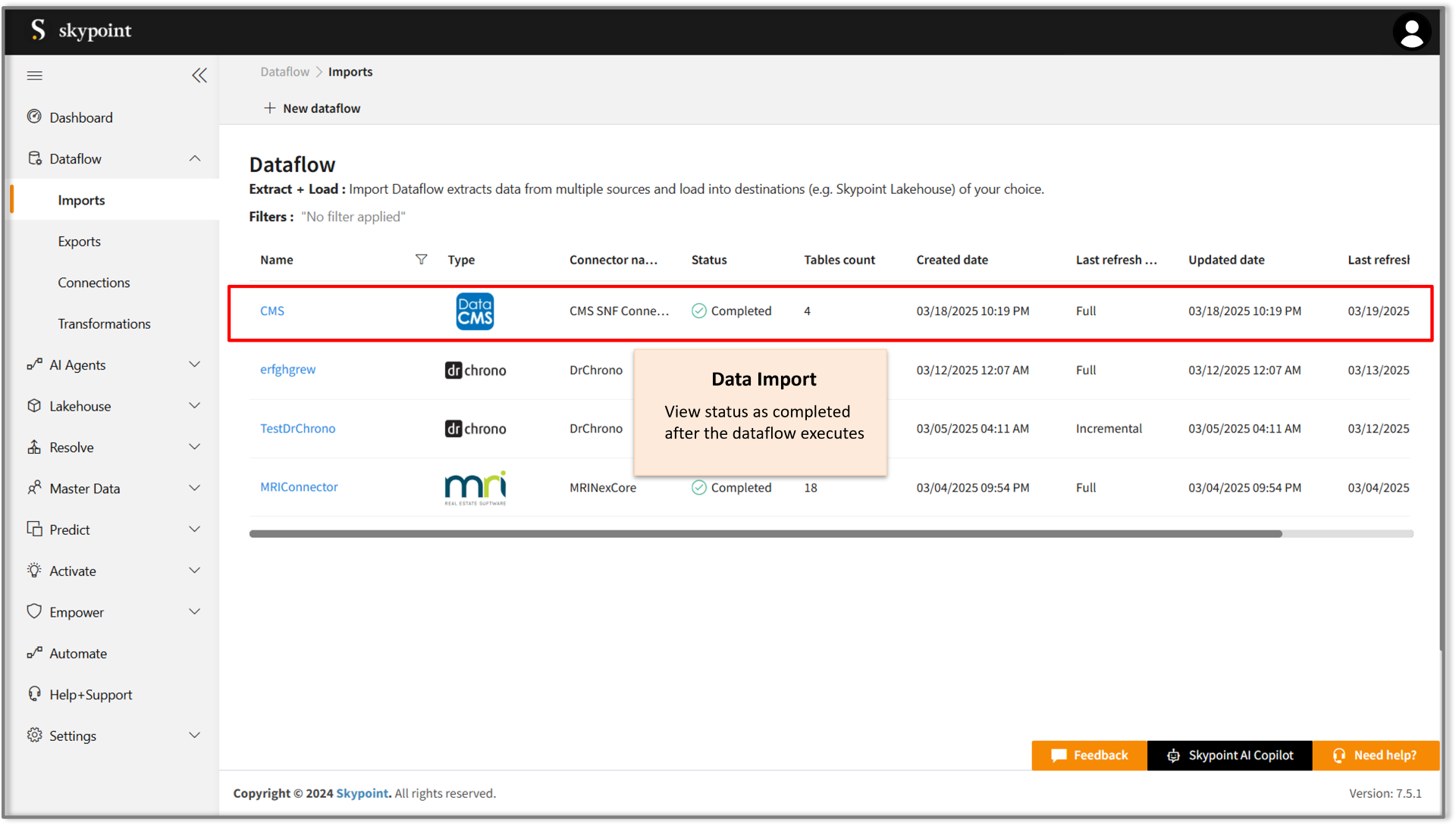 data import from cms snf to skypoint ai