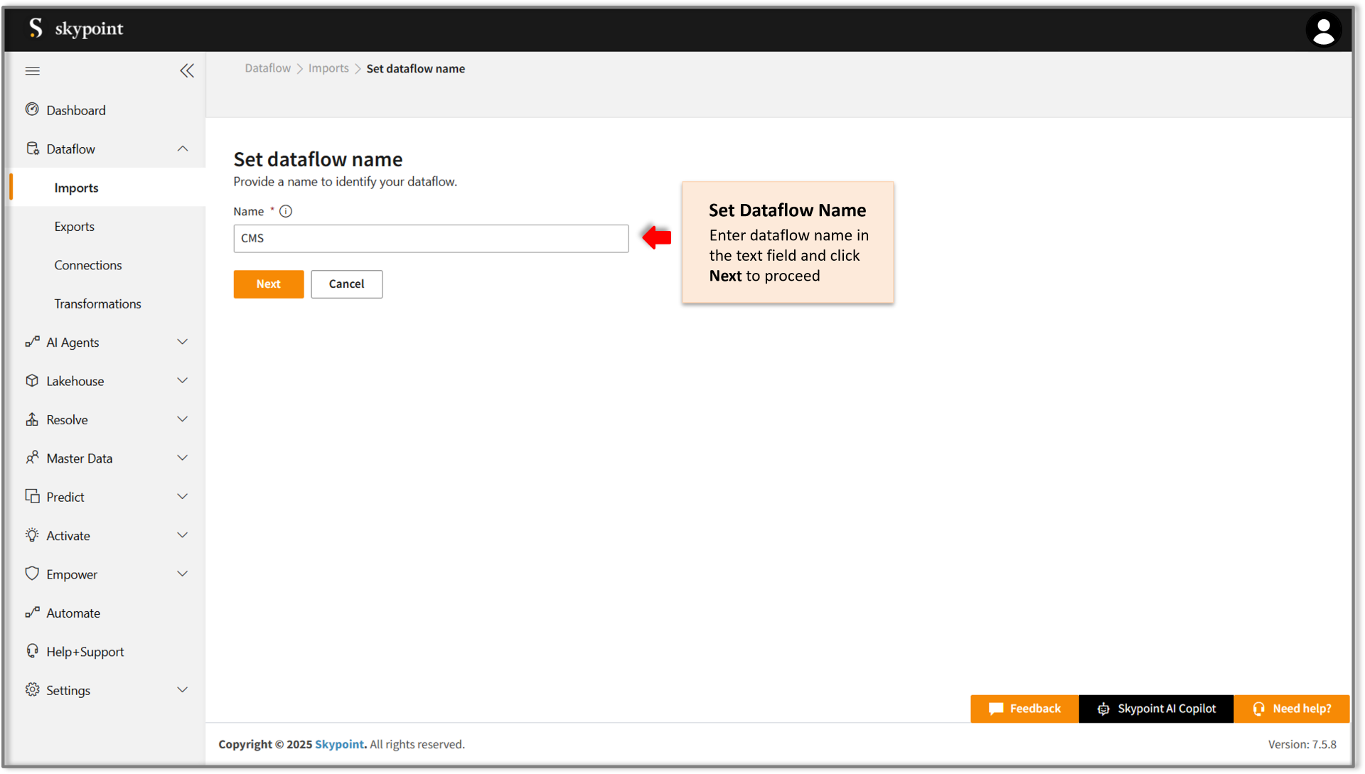 set dataflow name for cms snf