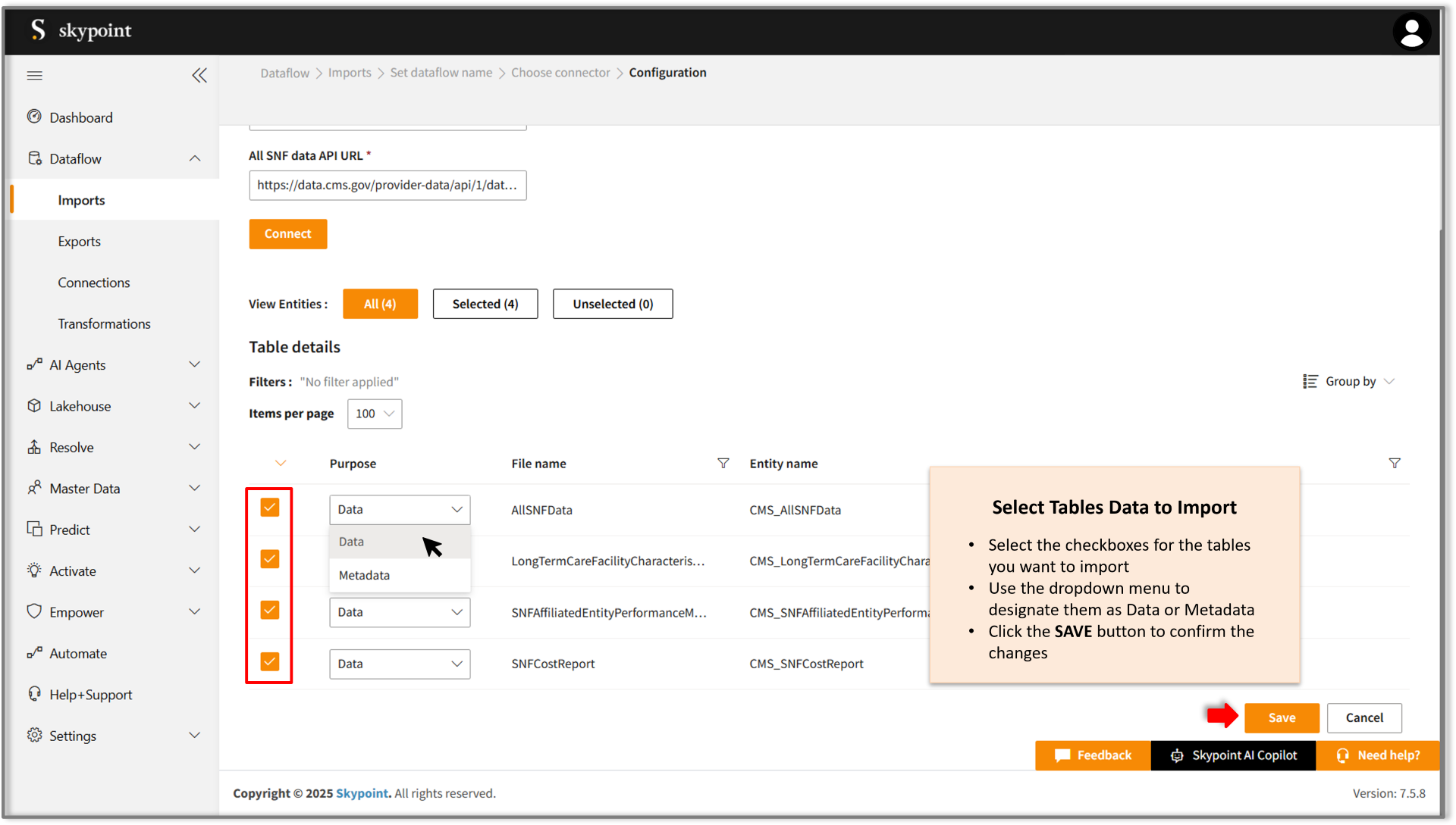 select snf table to import data to skypoint ai