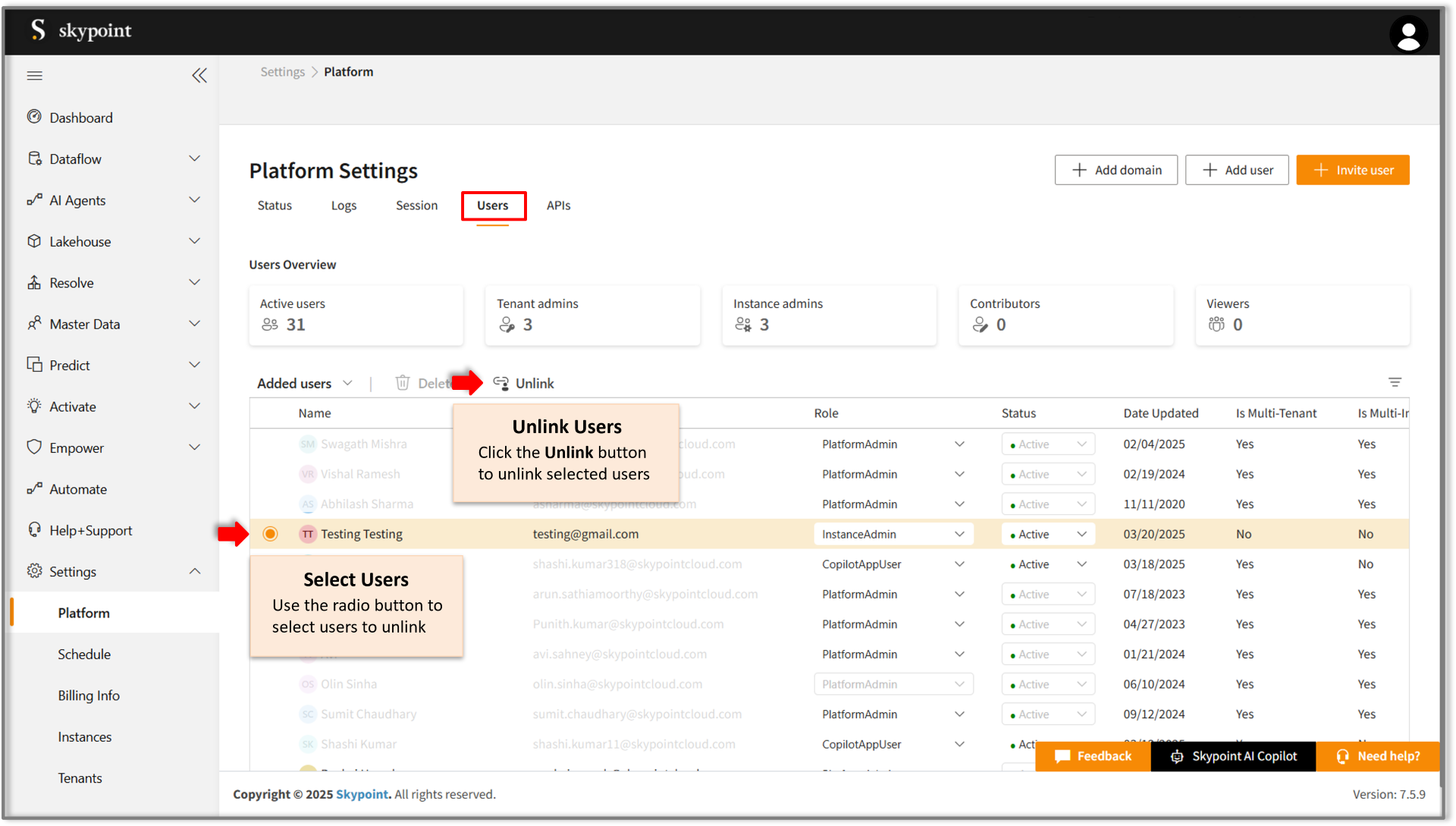 Unlink user on Skypoint AIP