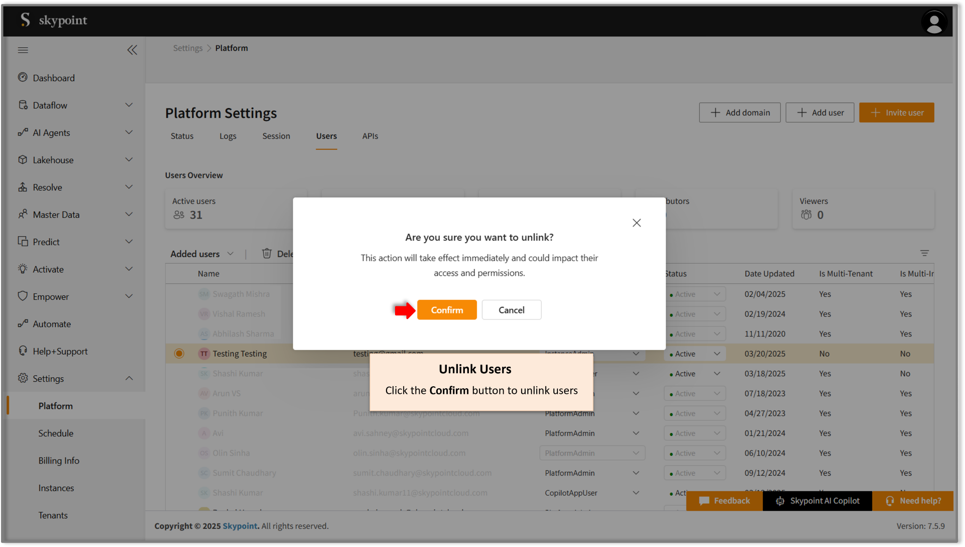 Confirm Unlinking of User
