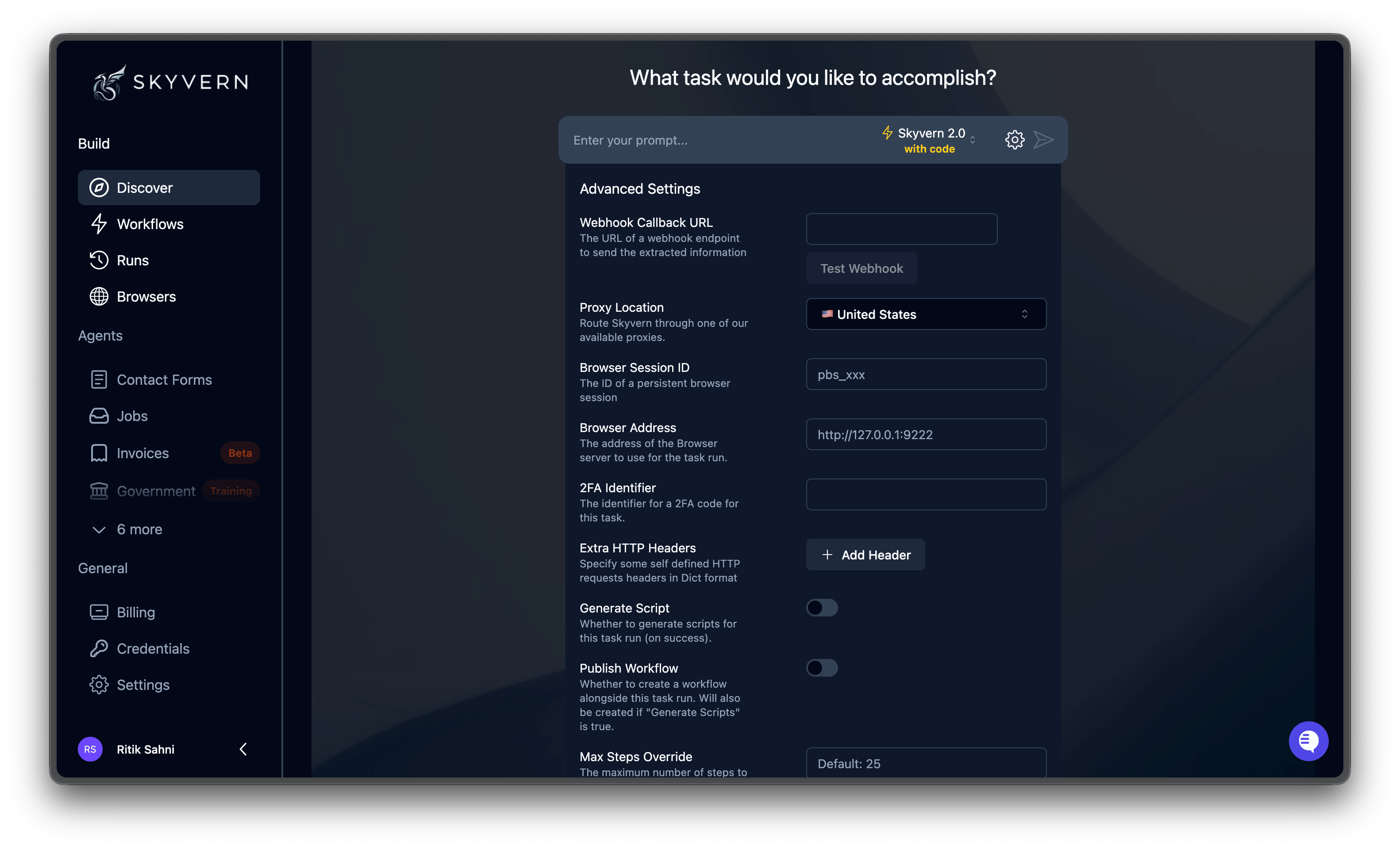 Advanced settings panel