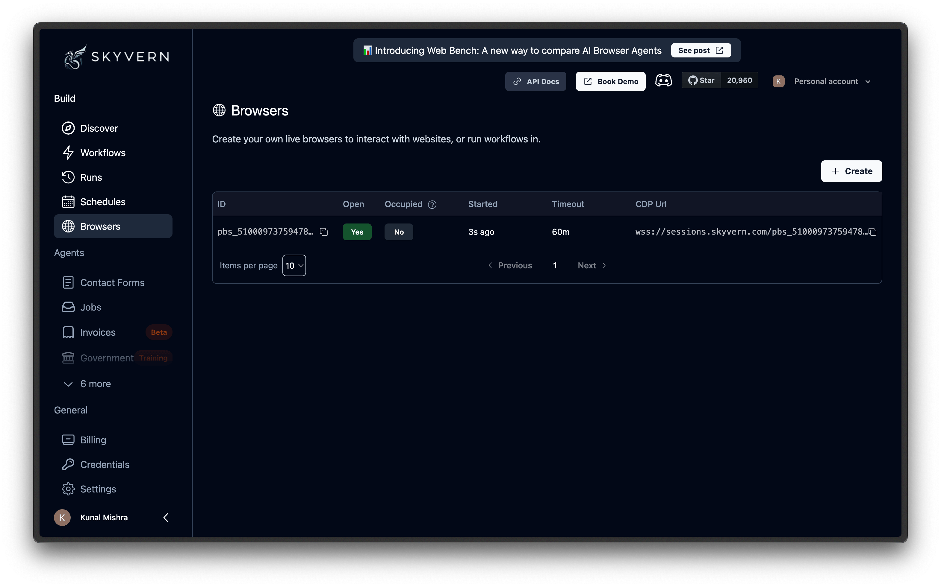 Browsers page with the sessions table showing columns for ID, open status, occupied status, started time, timeout, and CDP URL