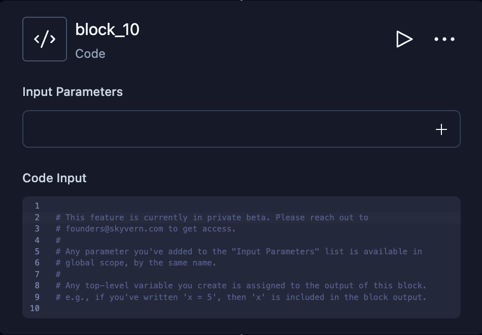 Code block configuration with Python code editor and Input Parameters field