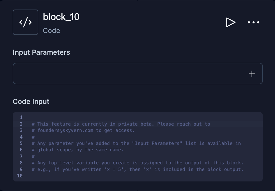 Code block configuration with Python code editor and Input Parameters field