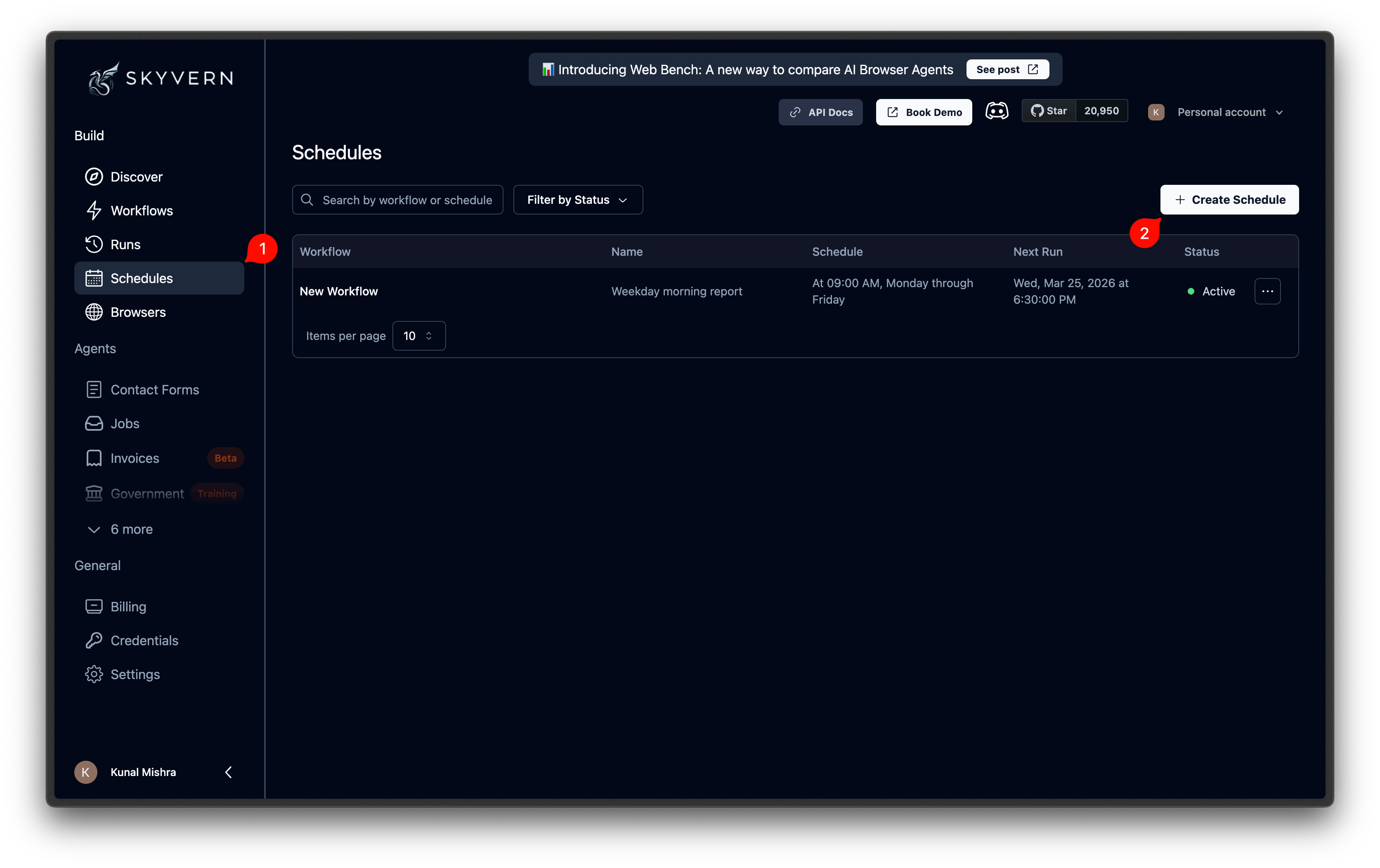 Schedules page with Create Schedule button in the top right corner