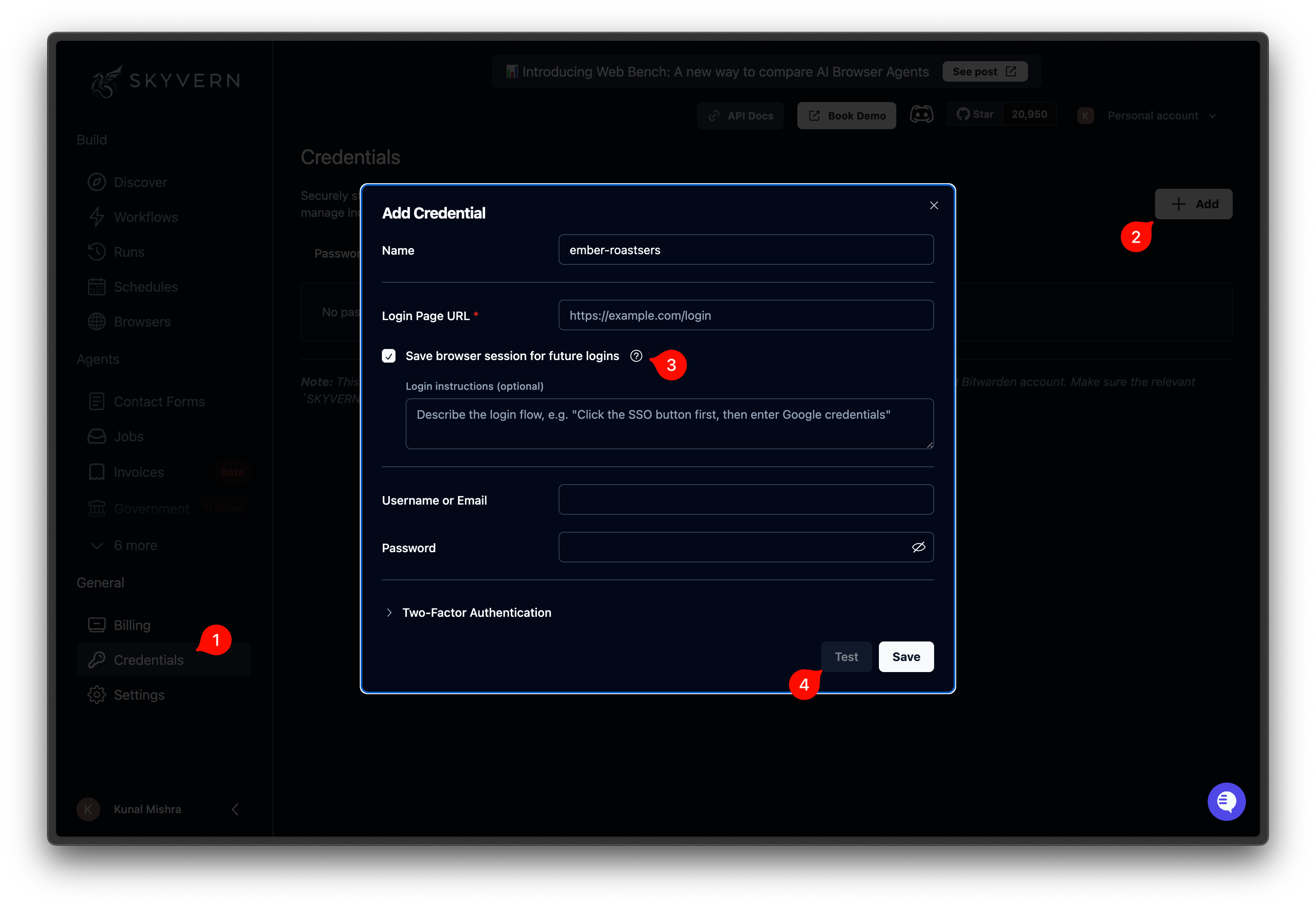 Add password credential dialog with name, username, and password fields
