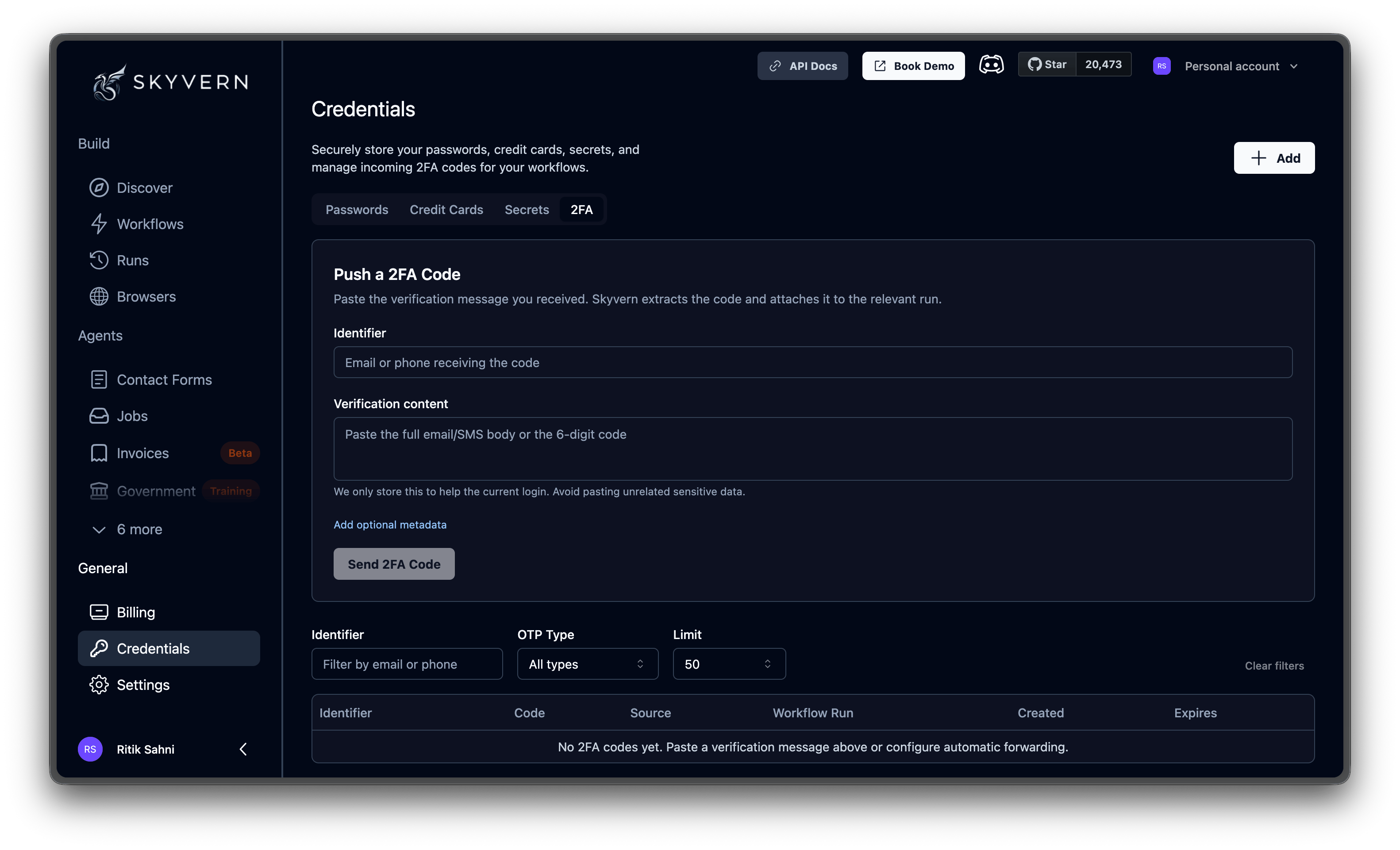 2FA tab showing the Push a 2FA Code form and code history table