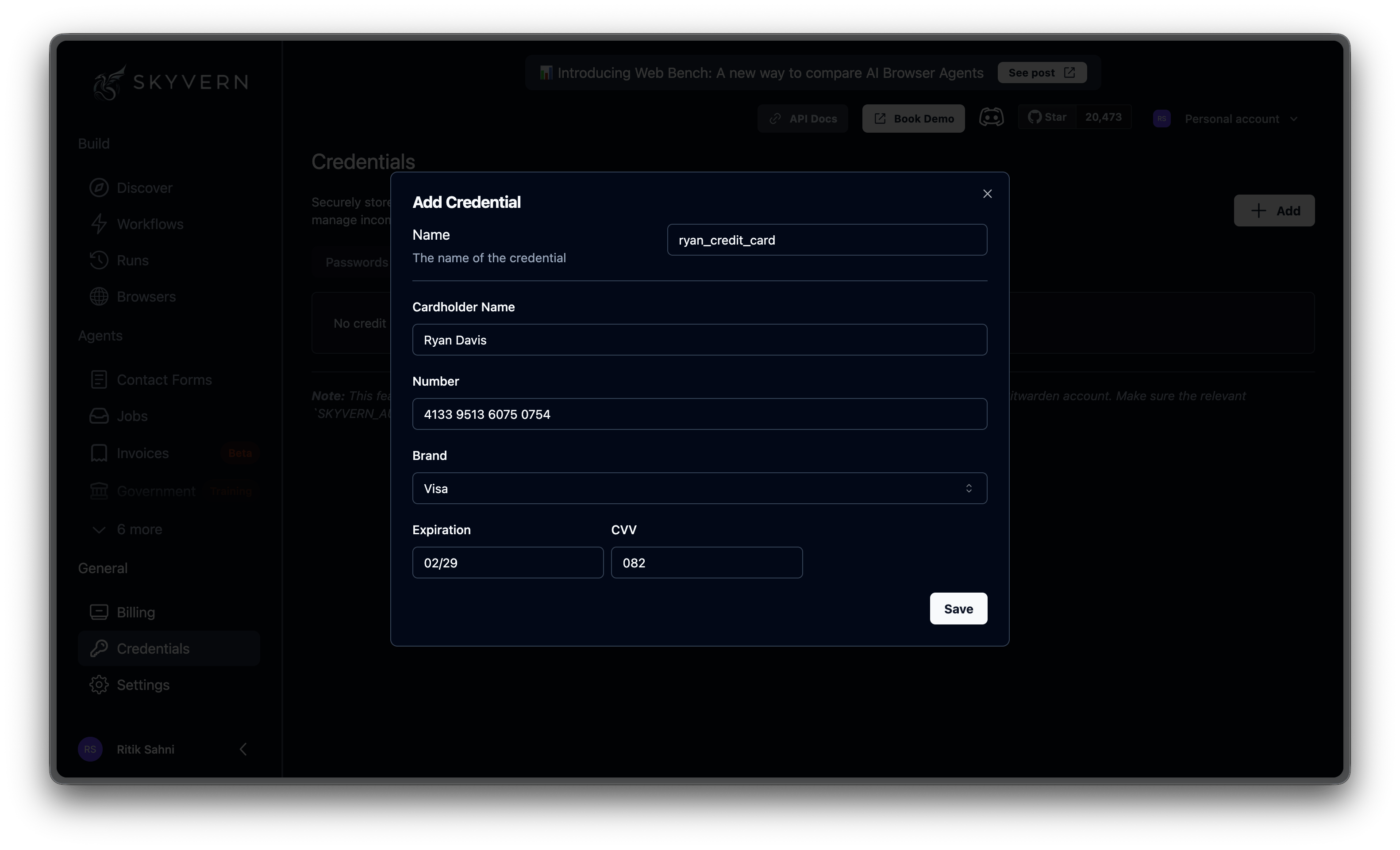 Add Credit Card credential modal