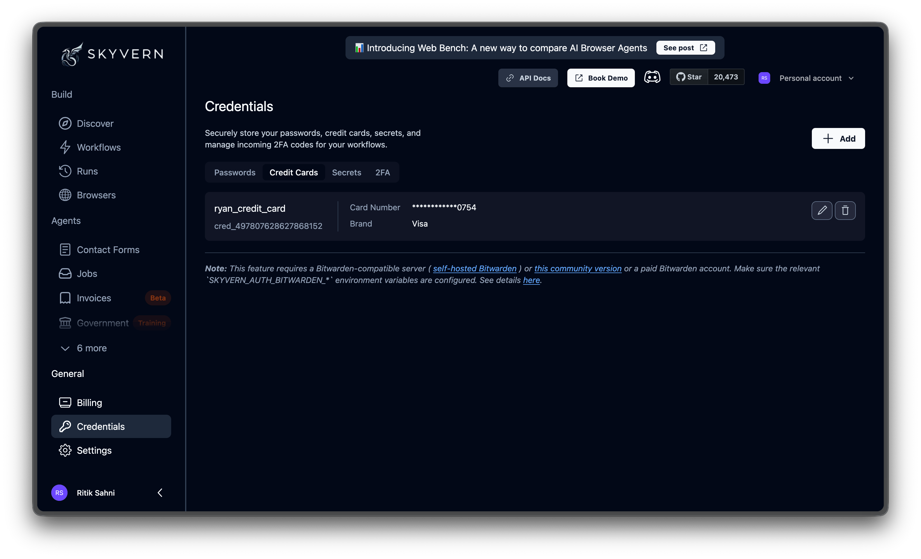 Saved credit card credential showing masked card number