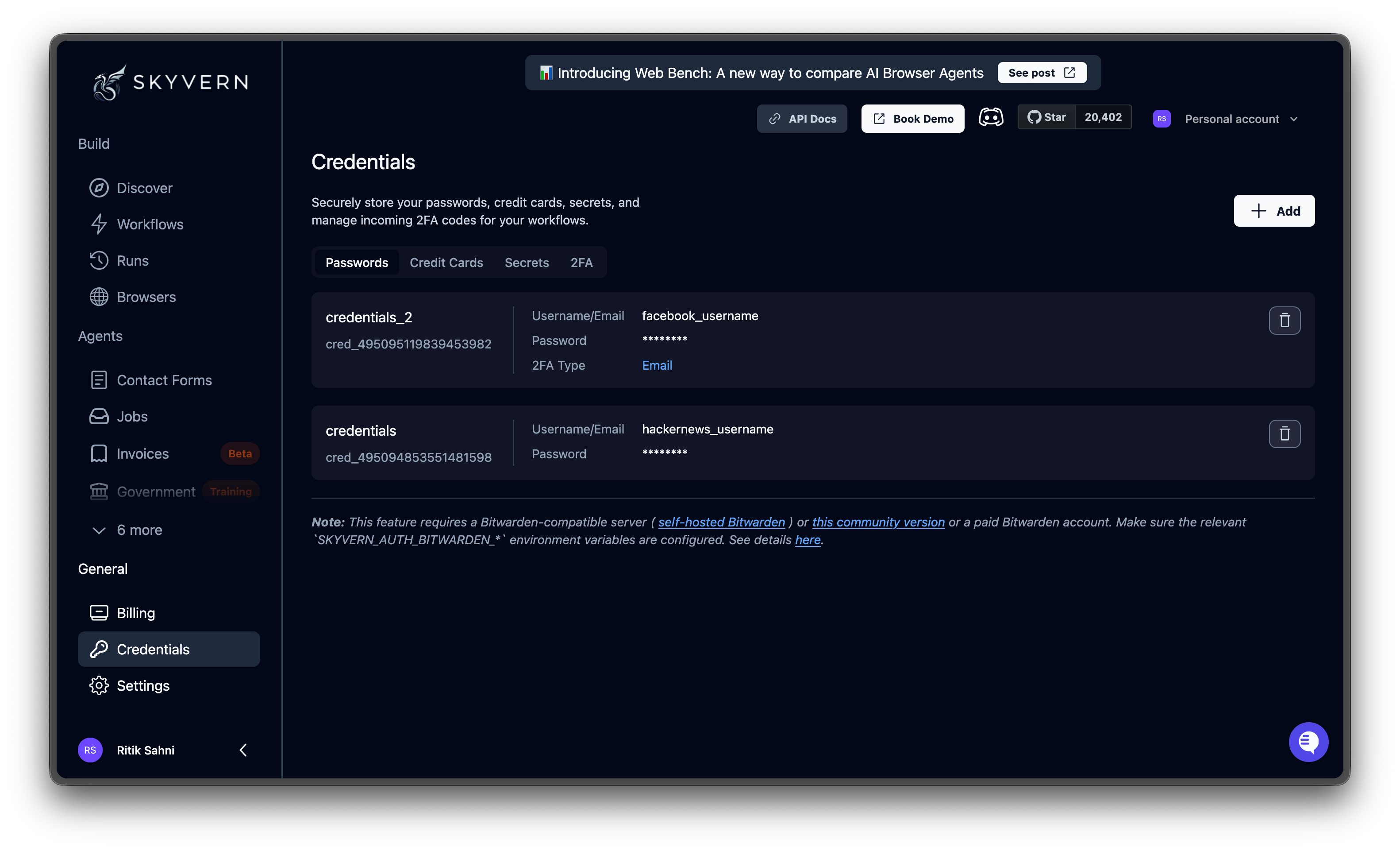 Credentials page with password and credit card credentials