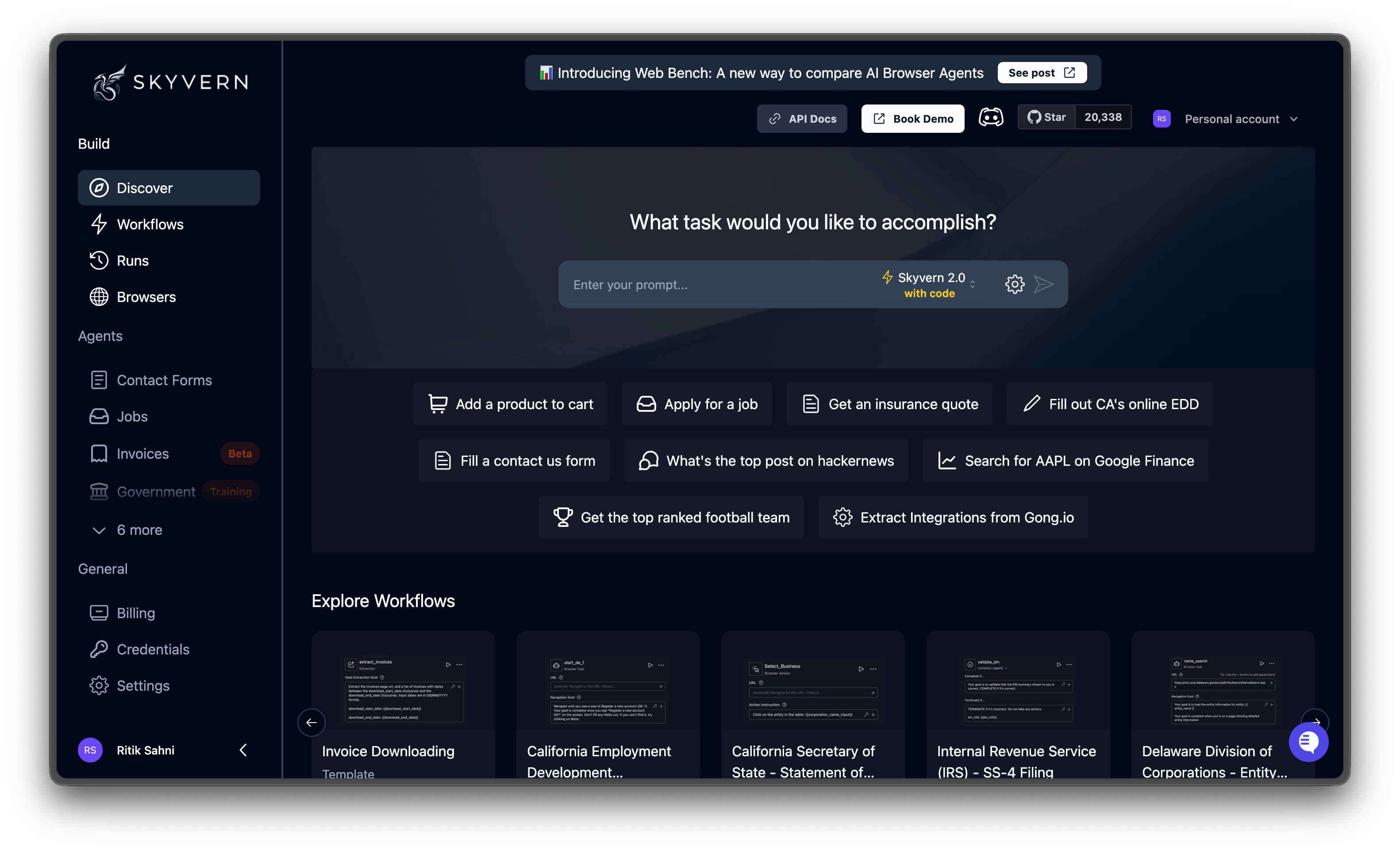 Discover page where you create one-off tasks
