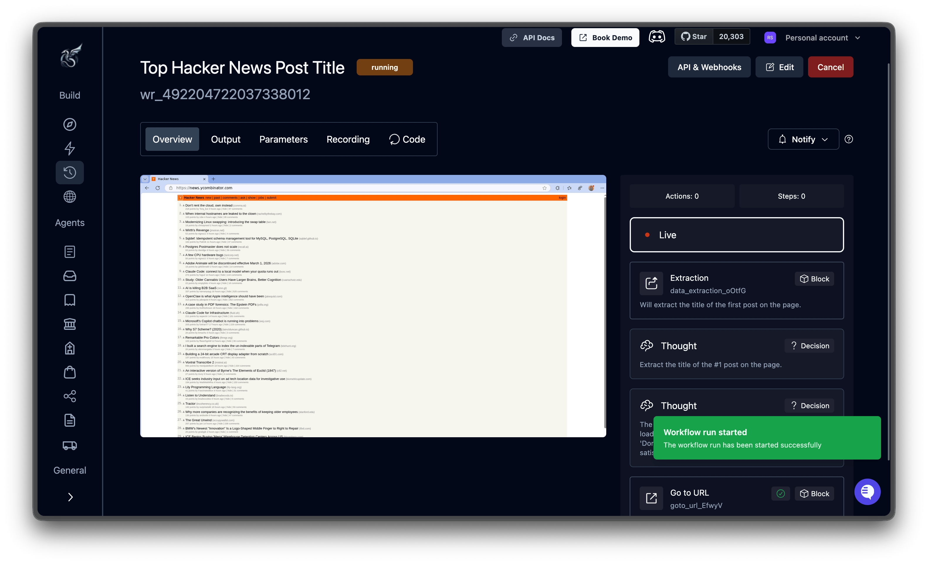 Run detail page showing a live browser navigating Hacker News