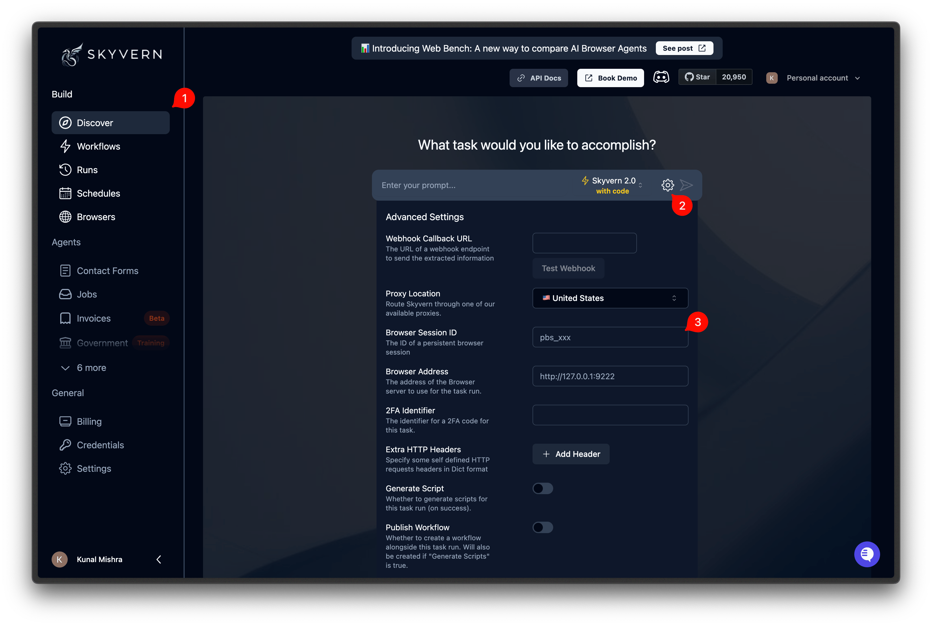 Advanced settings panel on the Discover page with a pbs_ session ID entered in the Browser Session ID field
