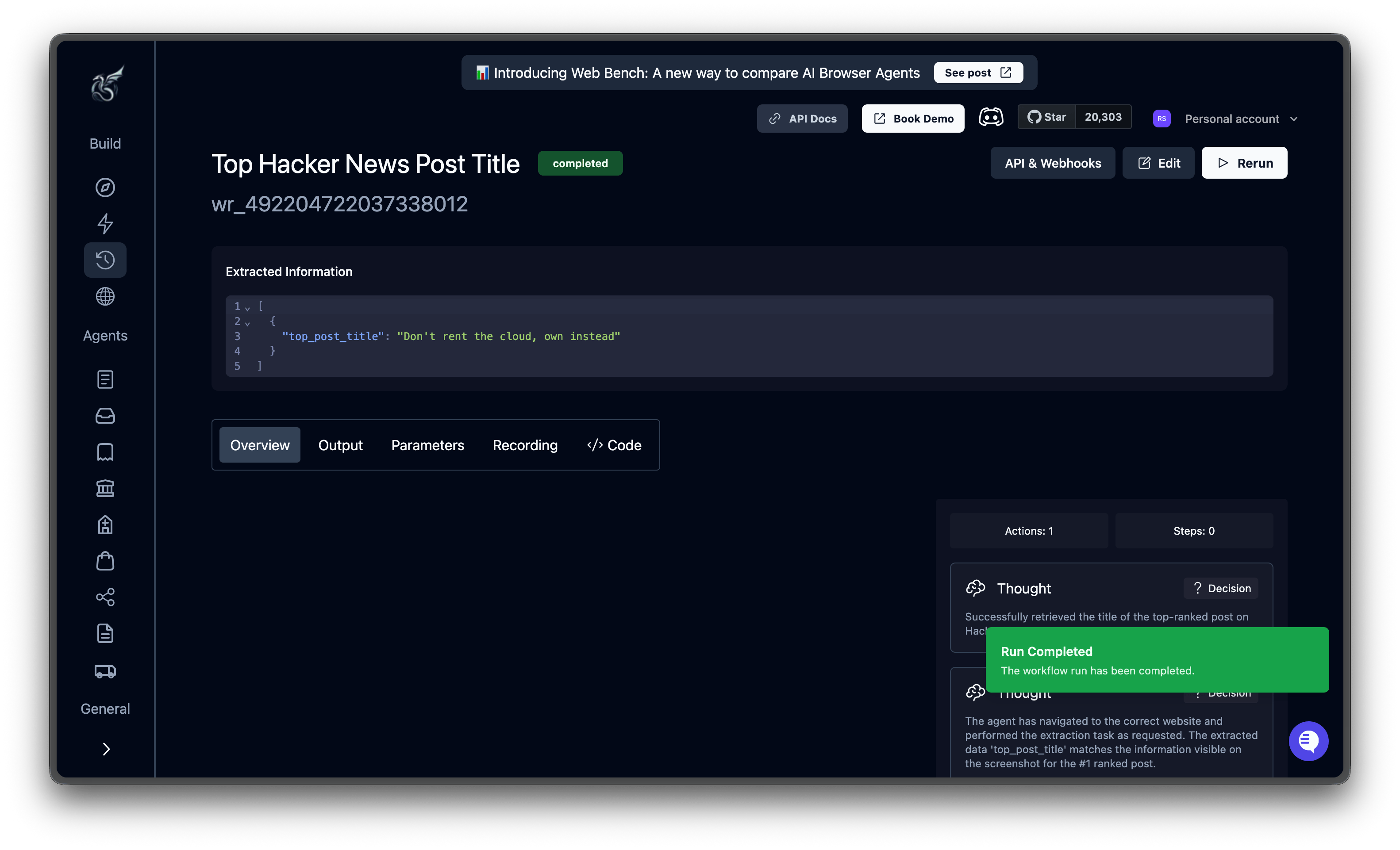 Completed run showing extracted data and result tabs