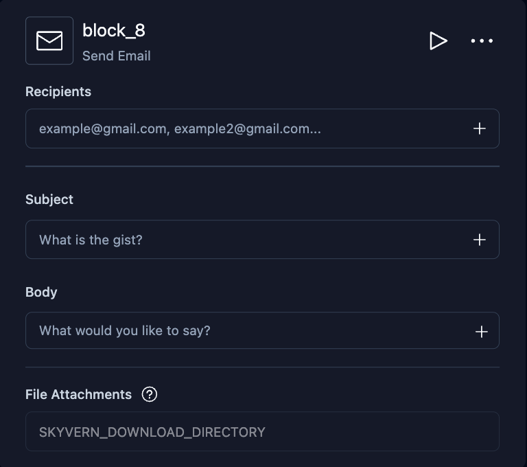 Send Email block configuration with Recipients, Subject, Body, and File Attachments fields