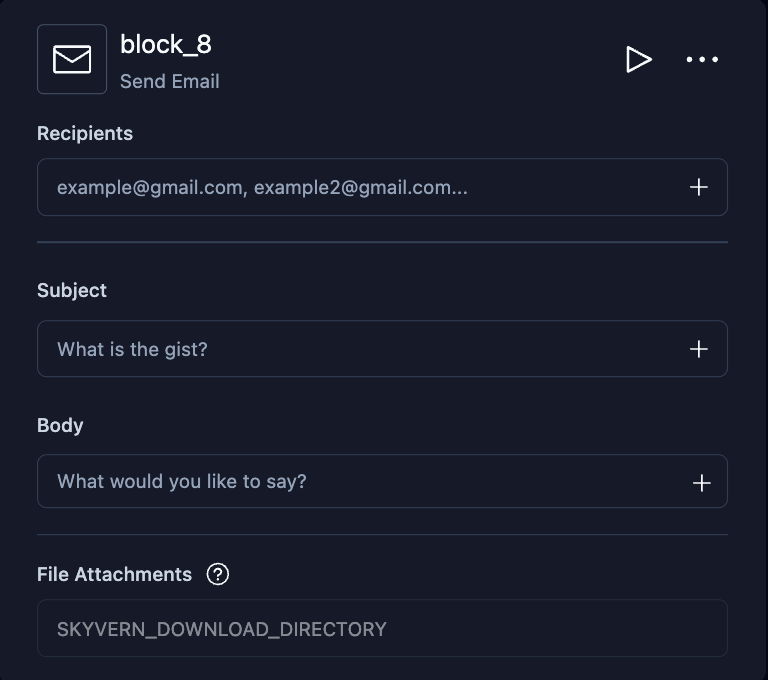 Send Email block configuration with Recipients, Subject, Body, and File Attachments fields