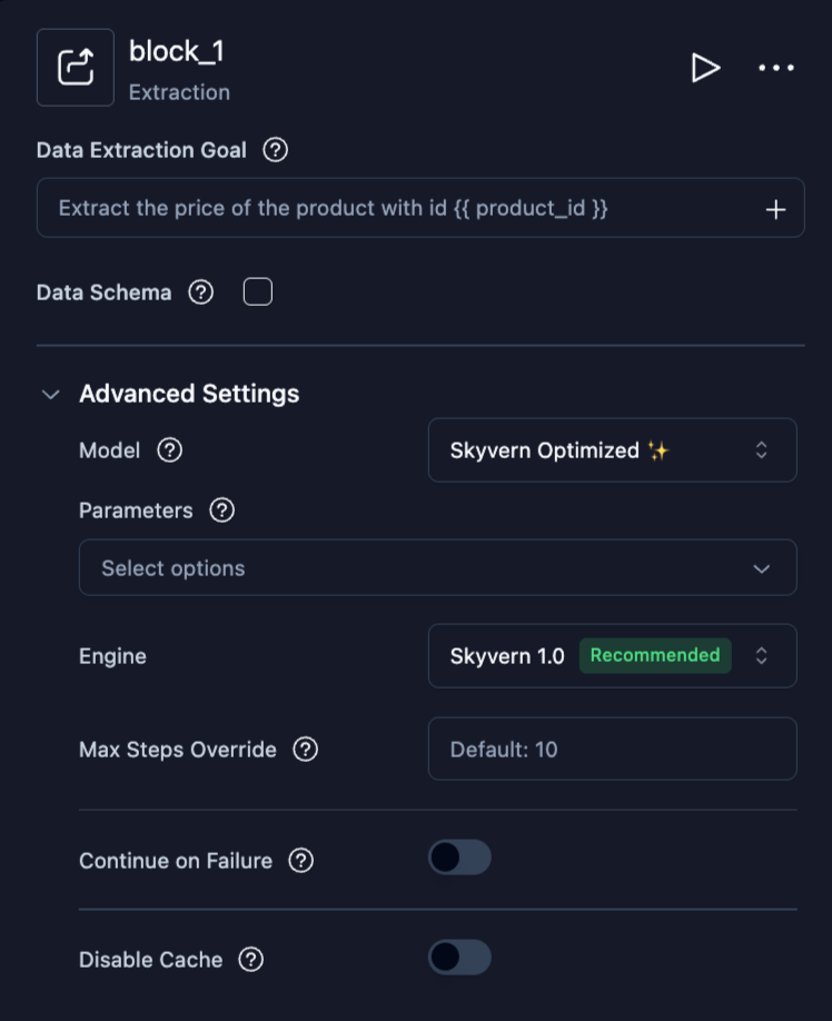 Extraction block configuration with Data Extraction Goal and Data Schema fields