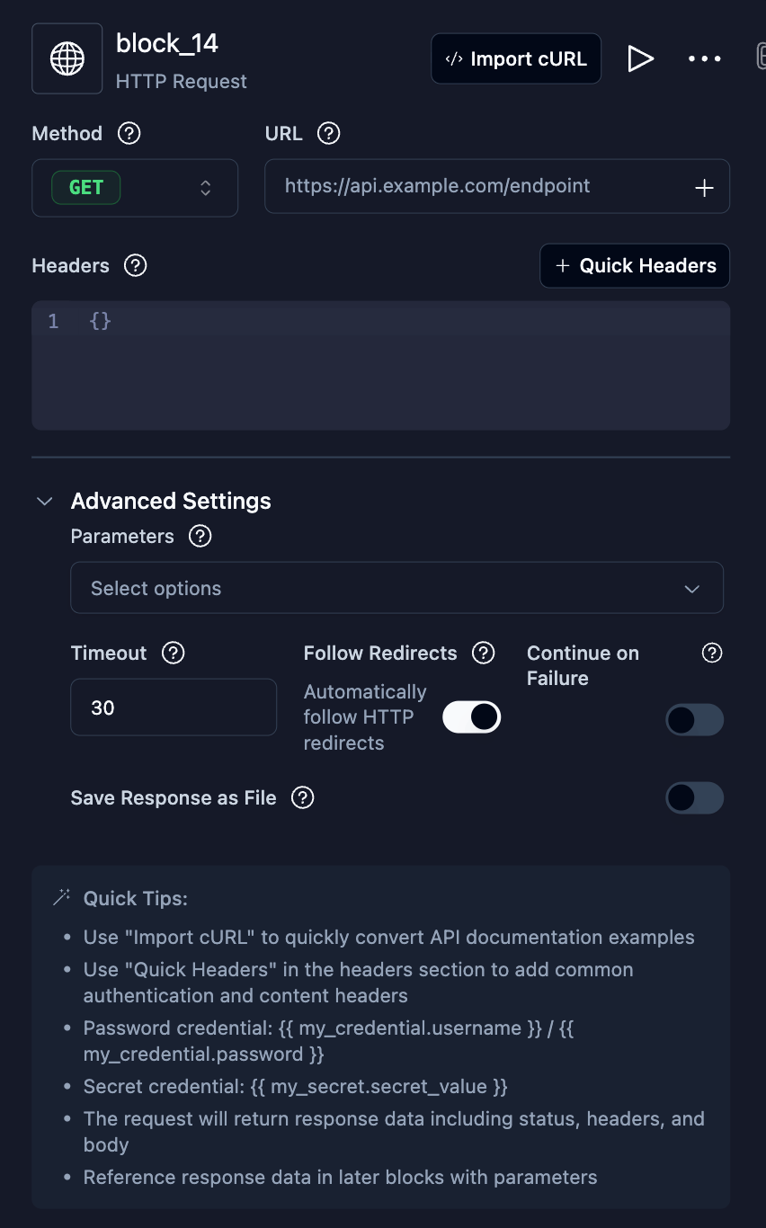 HTTP Request block configuration with Method, URL, Headers, and Body fields