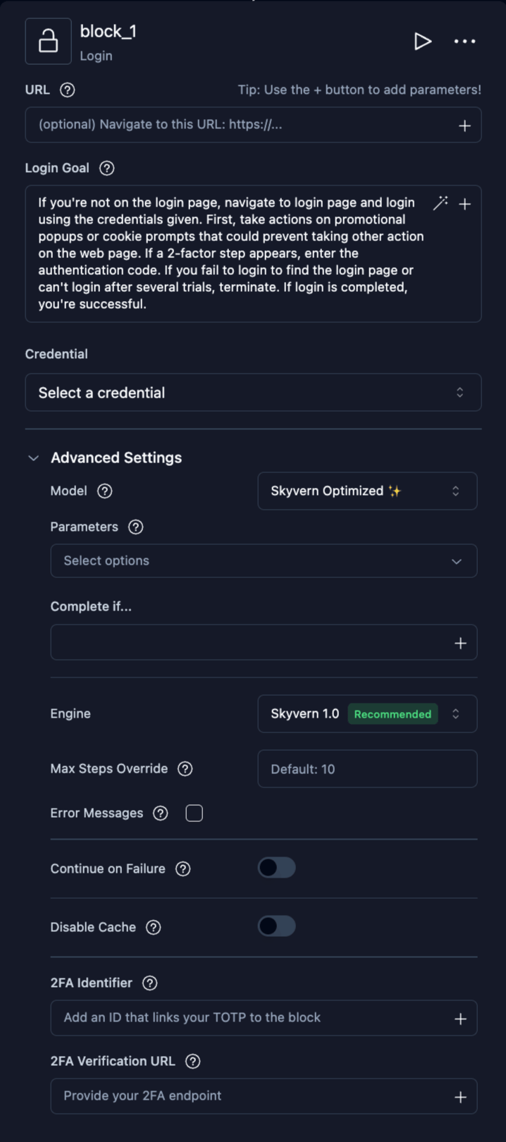 Login block configuration with URL, Login Goal, and Credential fields