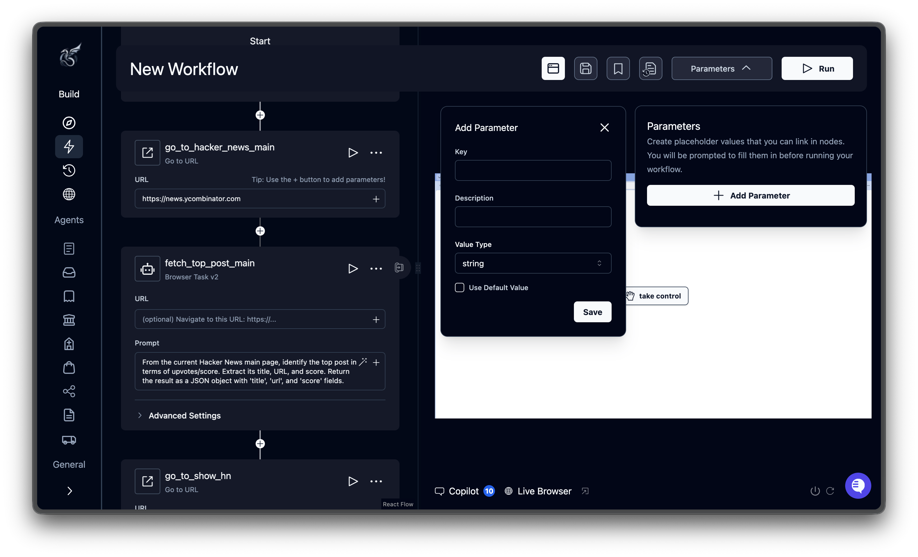 Parameters panel