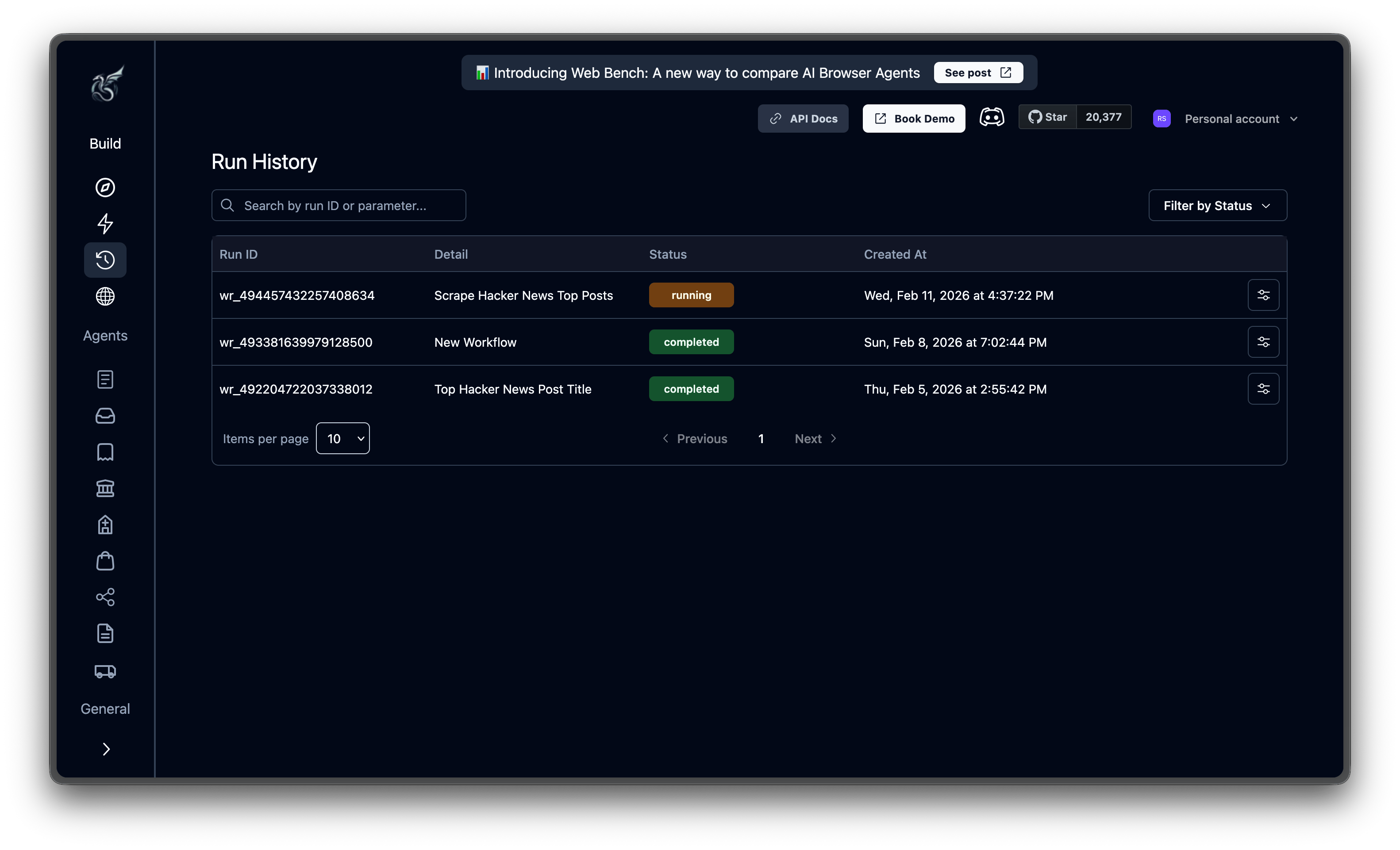 Run History page overview