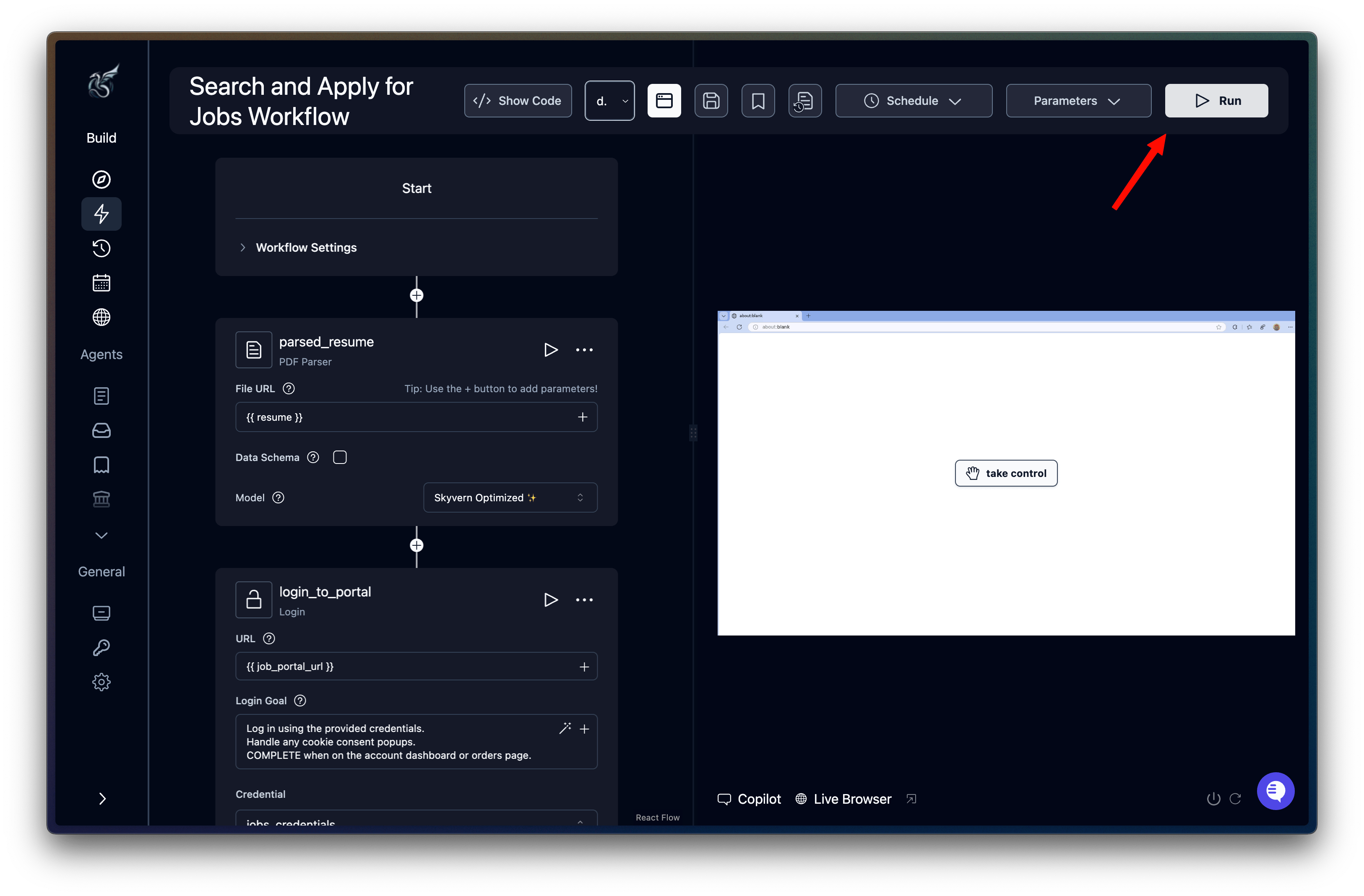 Agents list page with play icon to start a run from the list