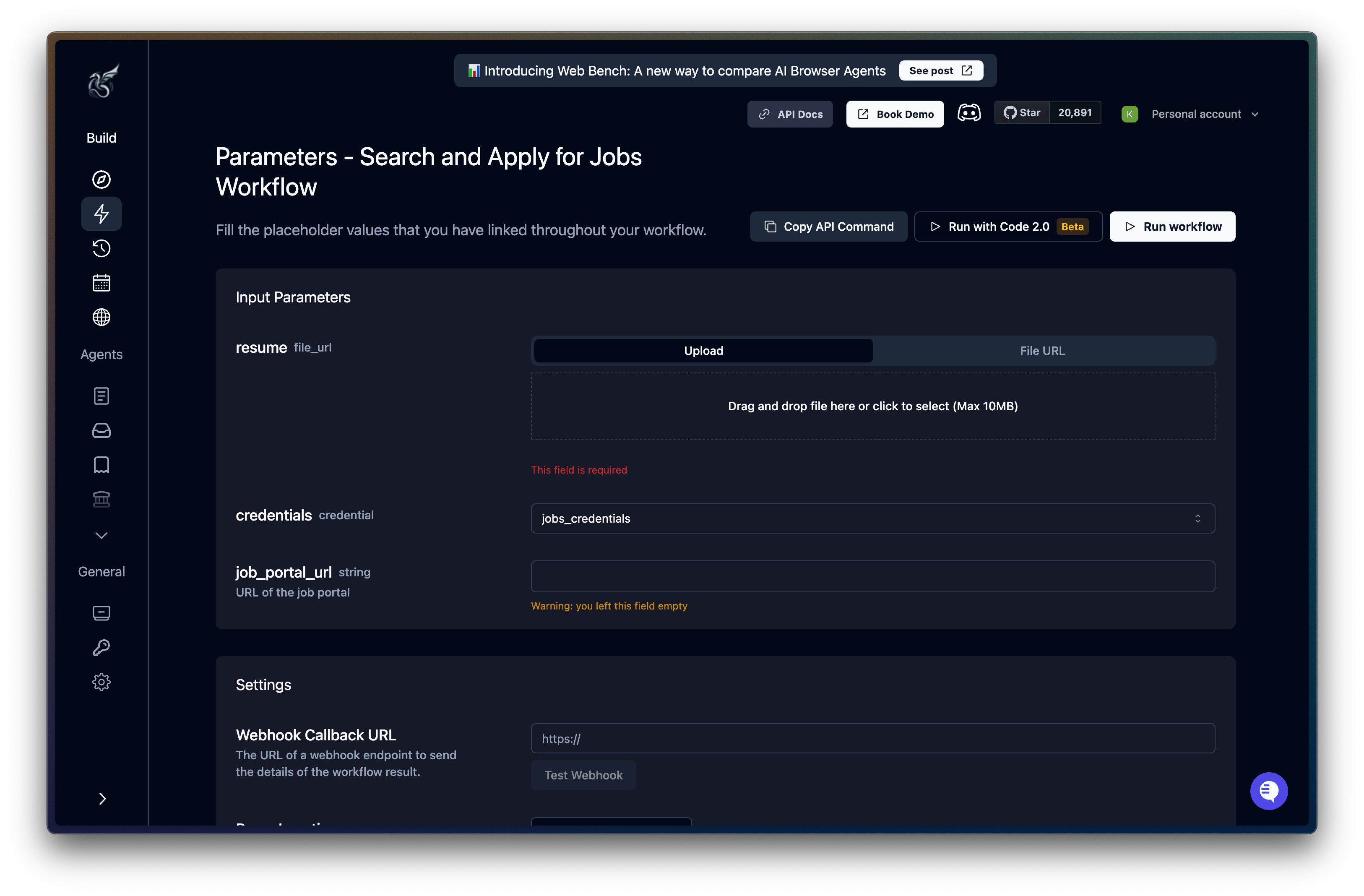 Parameters page showing input fields and settings before starting an agent run