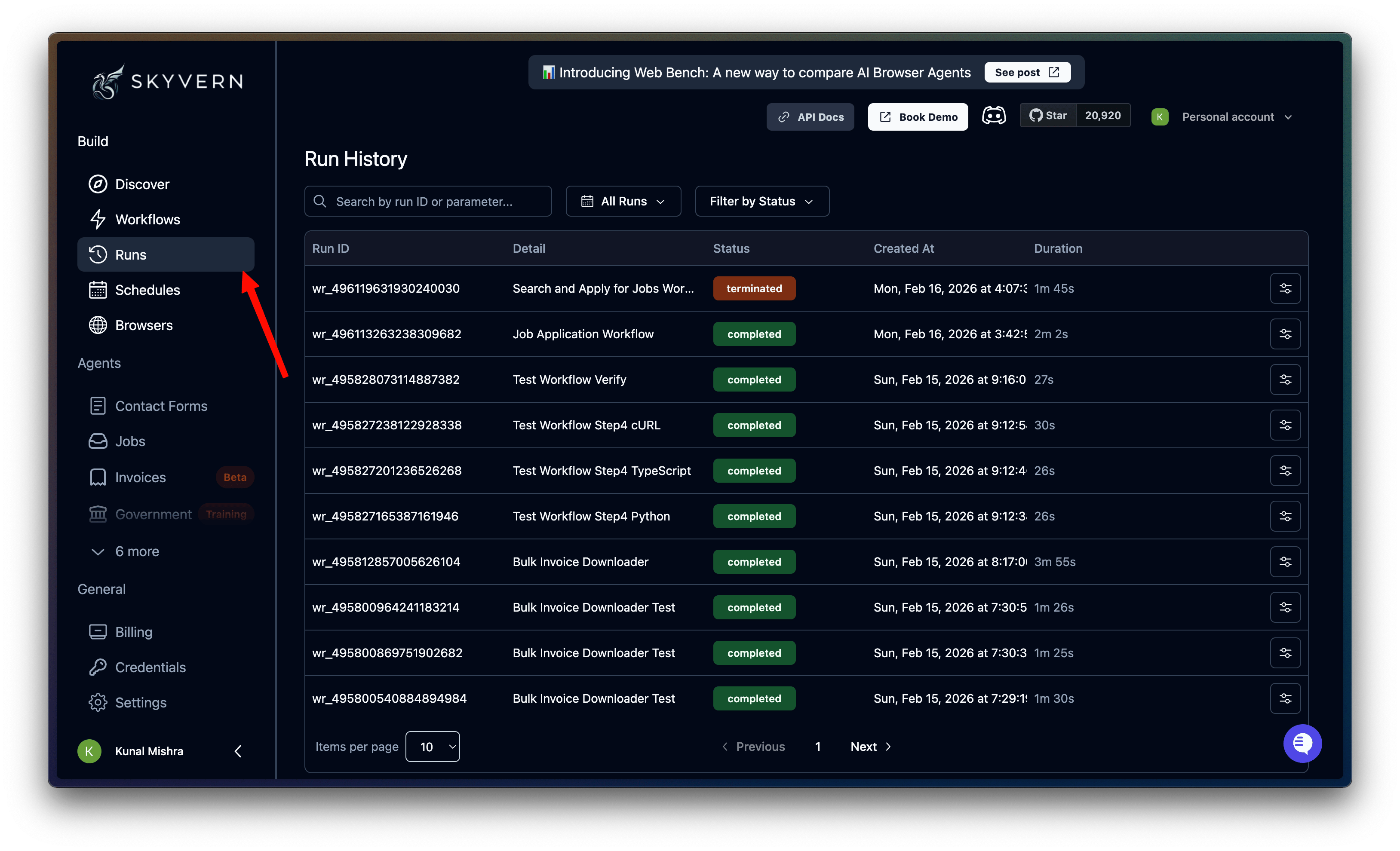 Run History page in the sidebar showing all past runs with status and duration