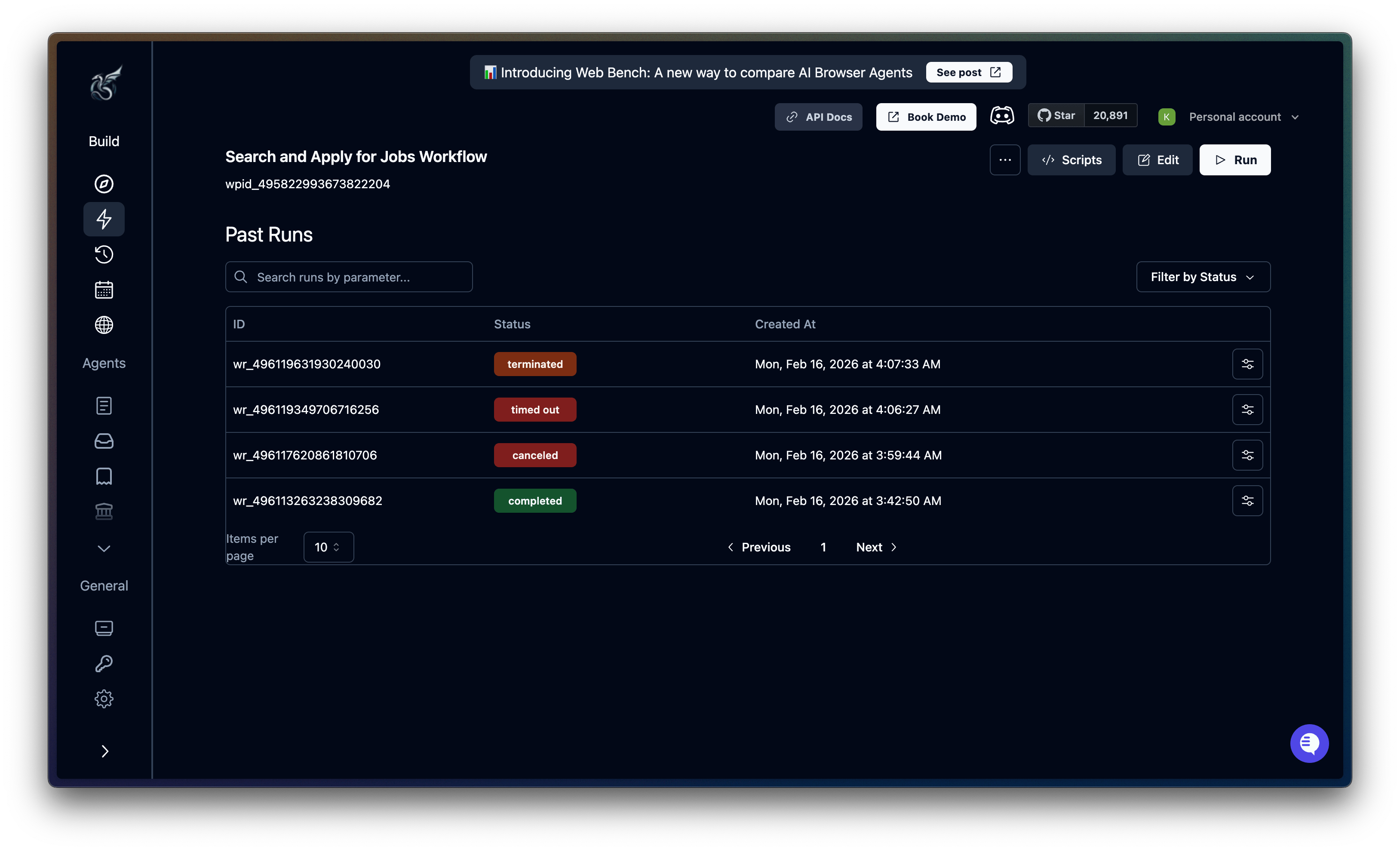 Past Runs view for a specific agent showing run statuses and timestamps