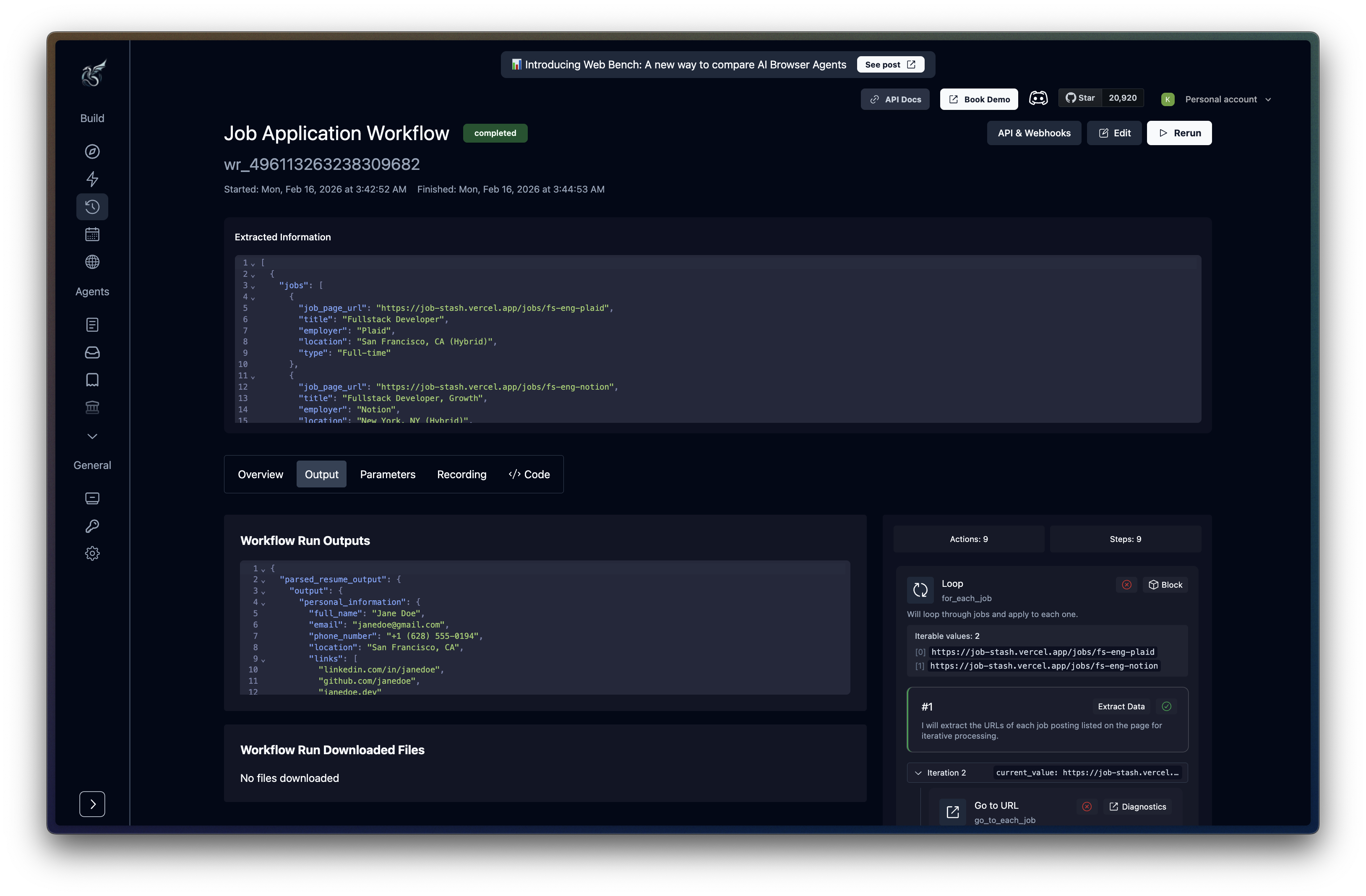 Completed agent run showing extracted data, output tabs, and block timeline