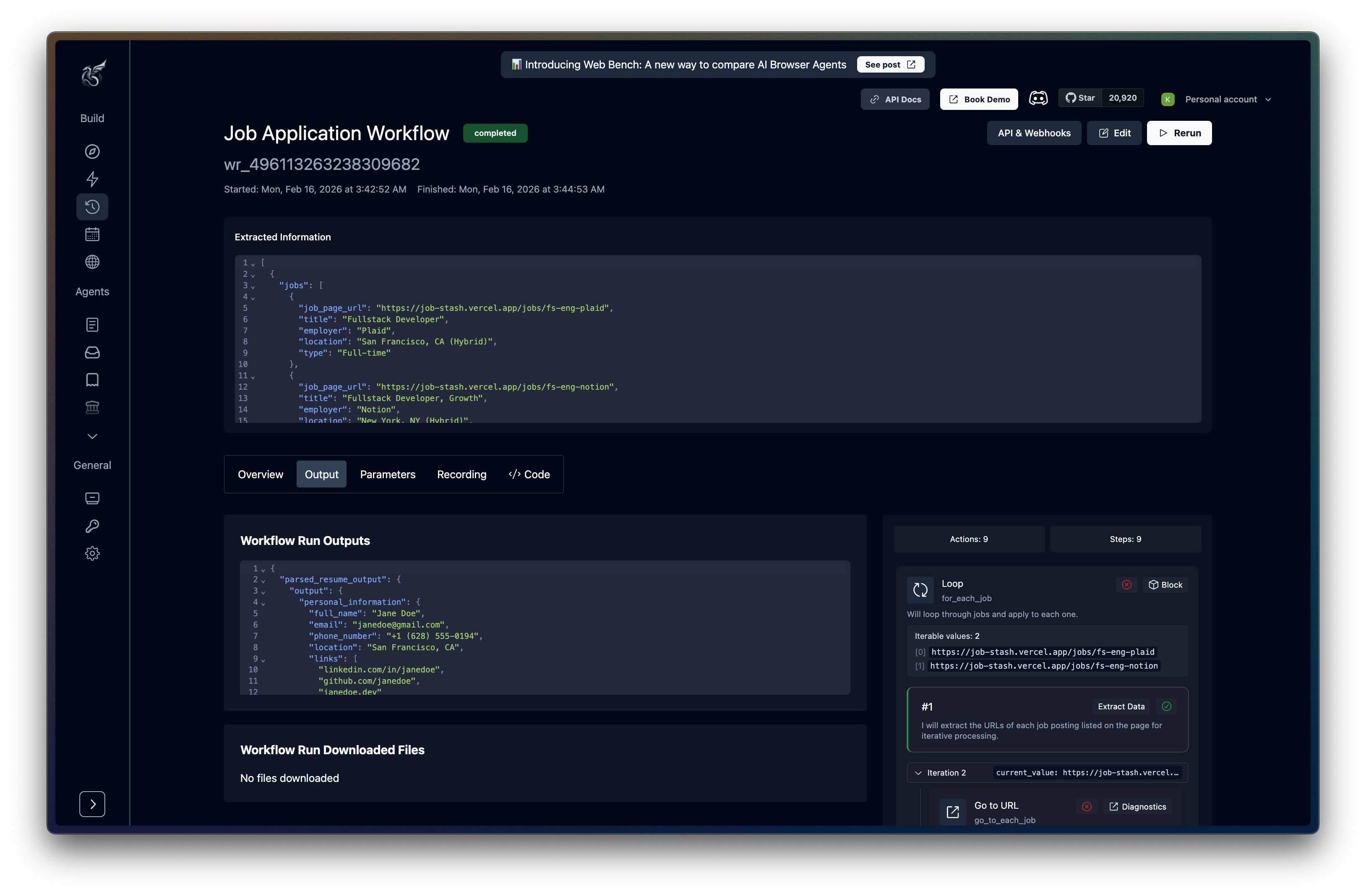 Completed agent run showing extracted data, output tabs, and block timeline