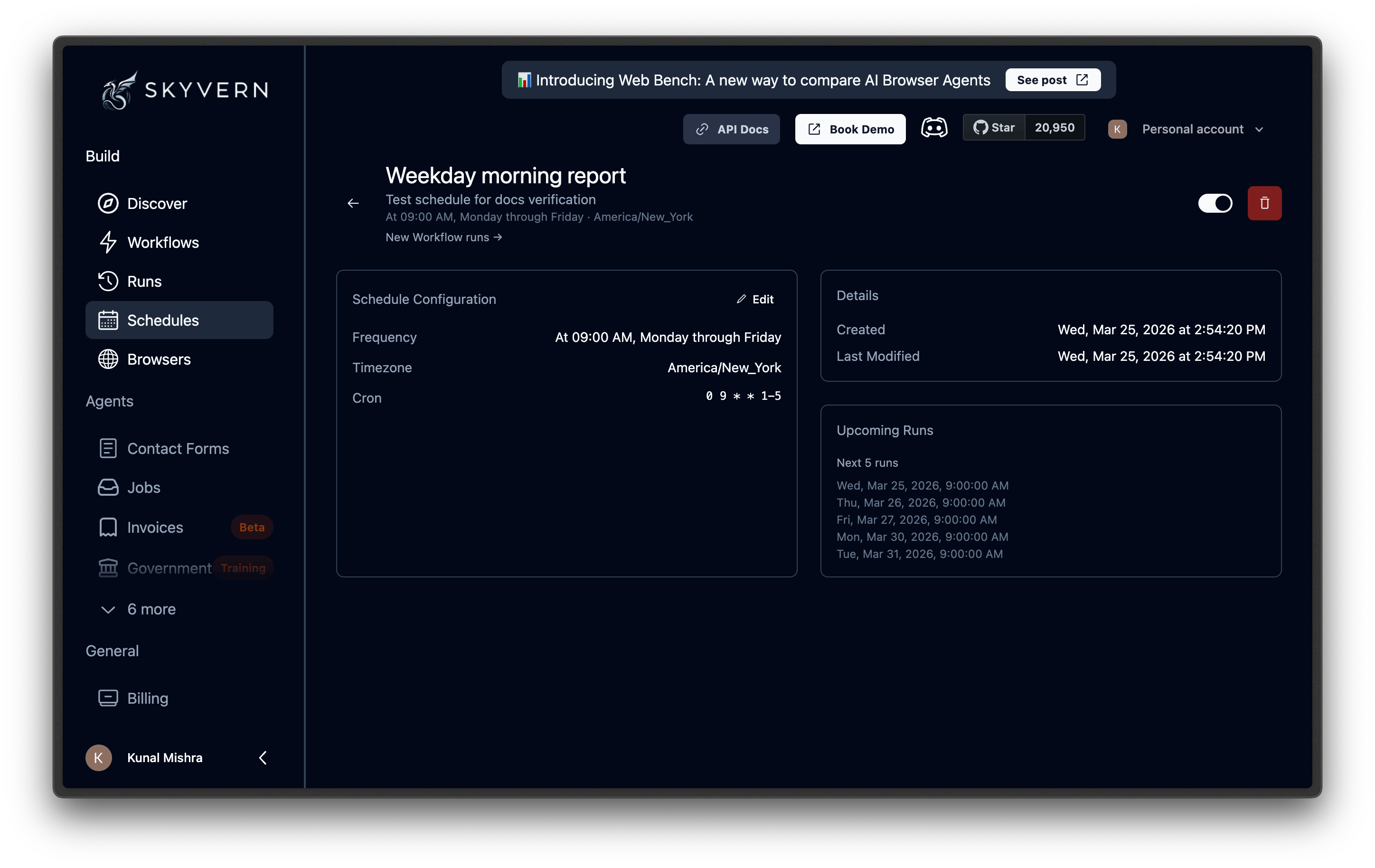 Schedule detail page showing configuration, details, and upcoming runs sections