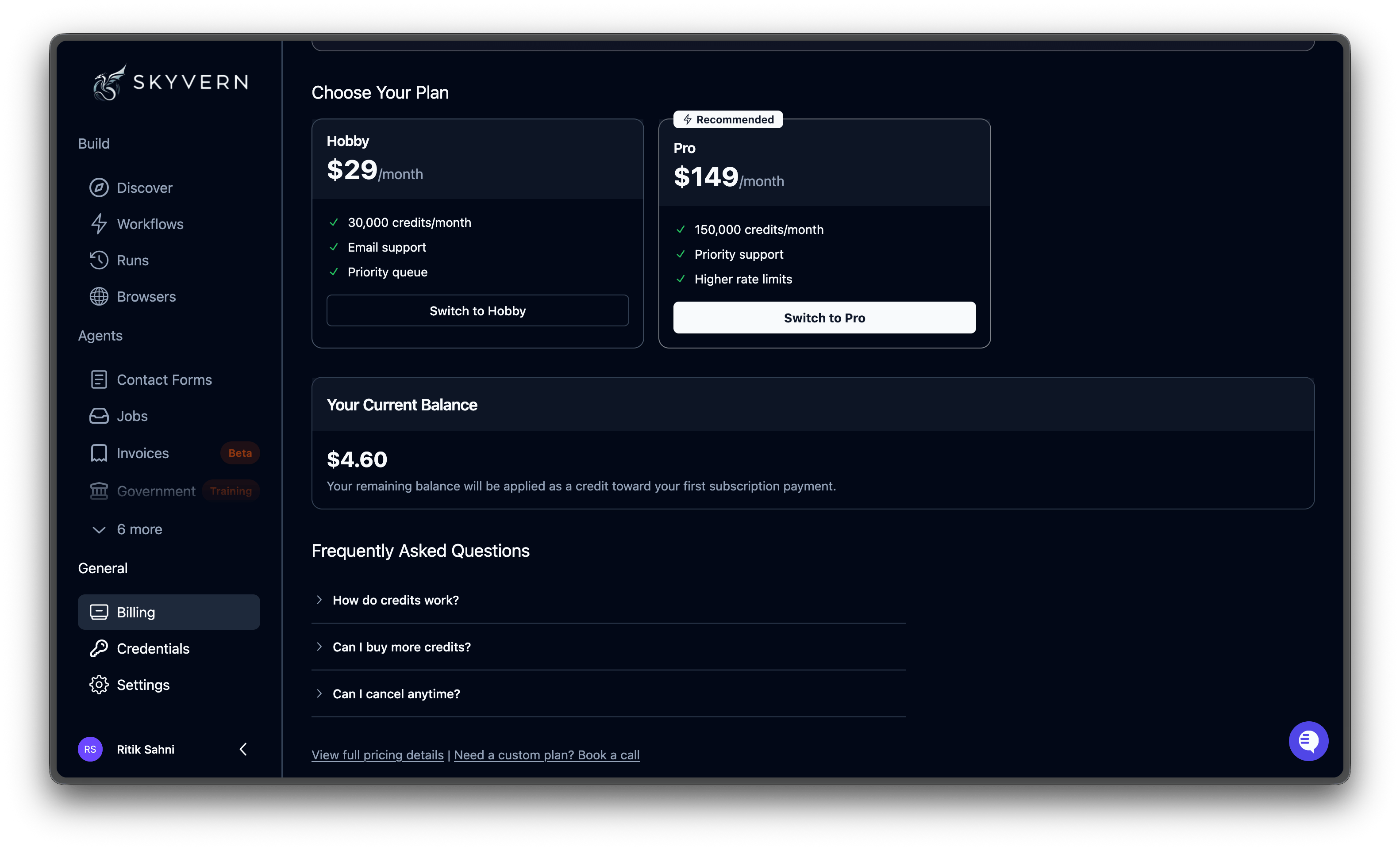 Billing page showing plan options and current balance