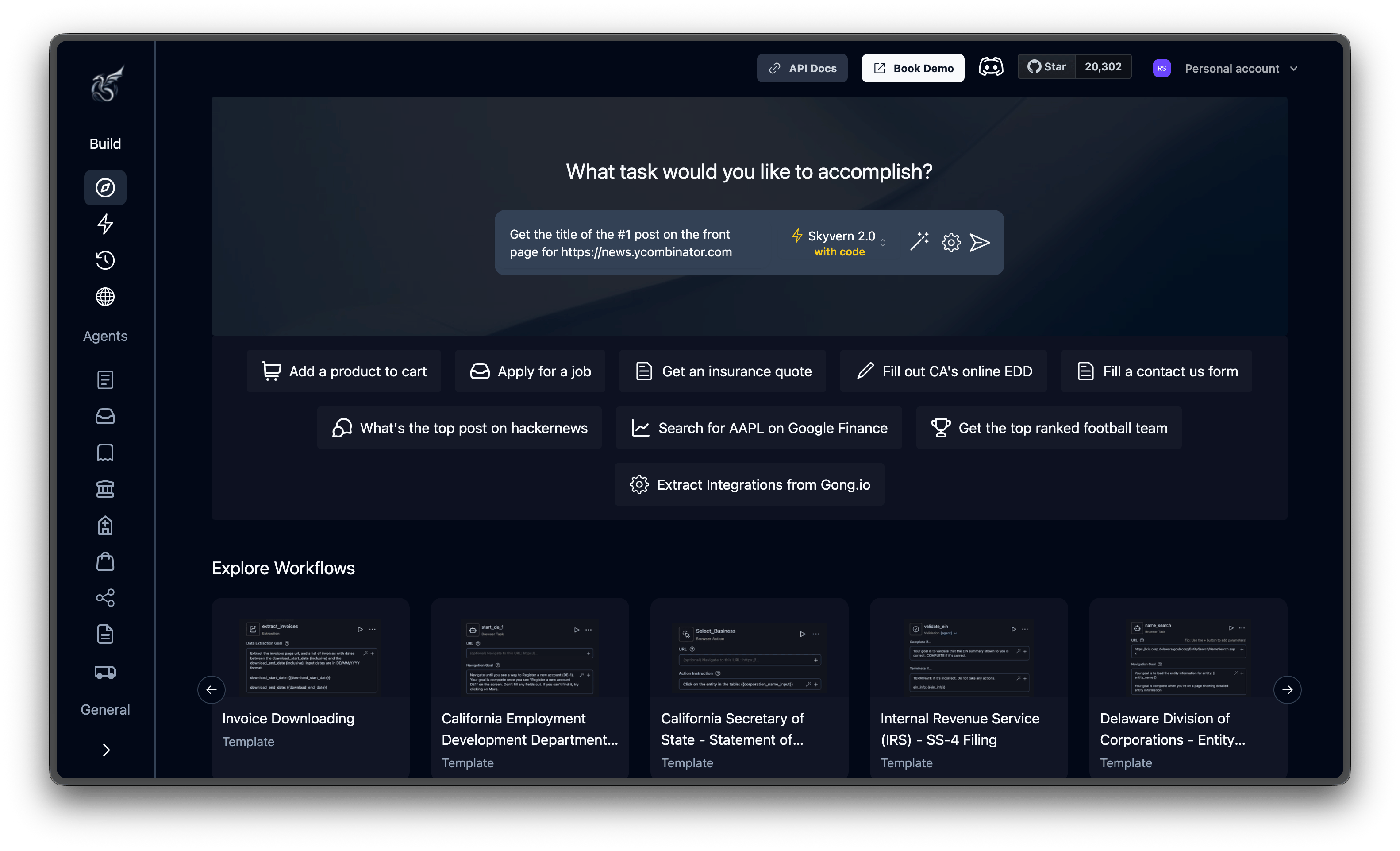 Skyvern Cloud dashboard showing the Discover page