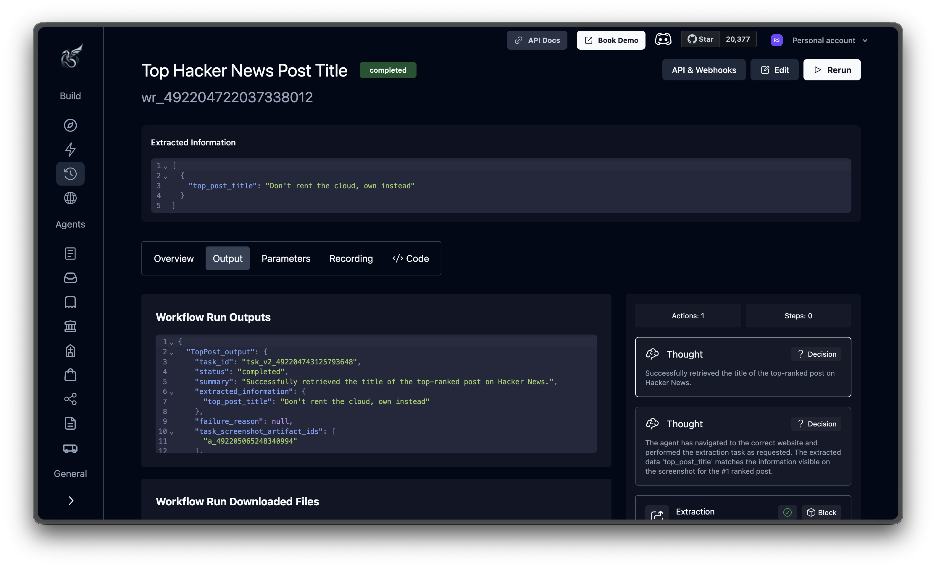 Run details page showing a completed agent run