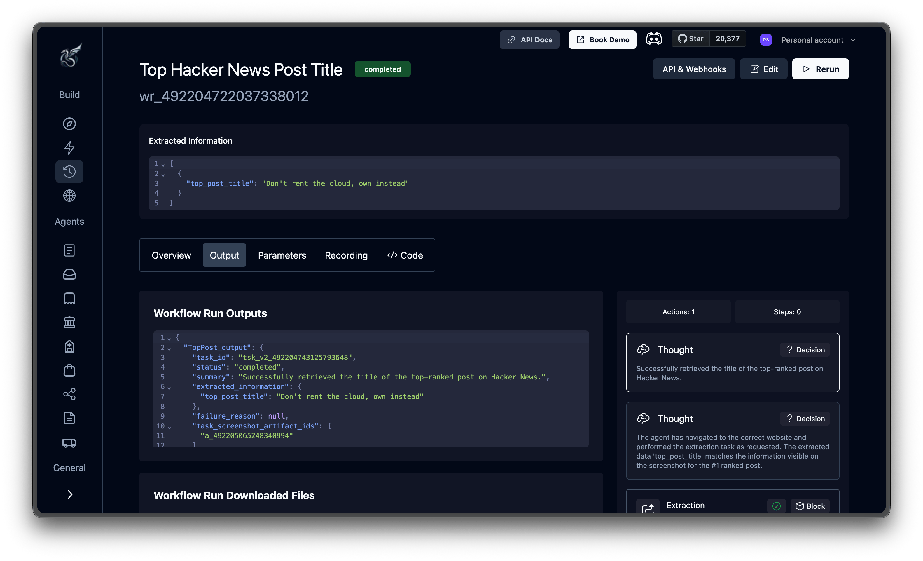 Run details page showing a completed agent run