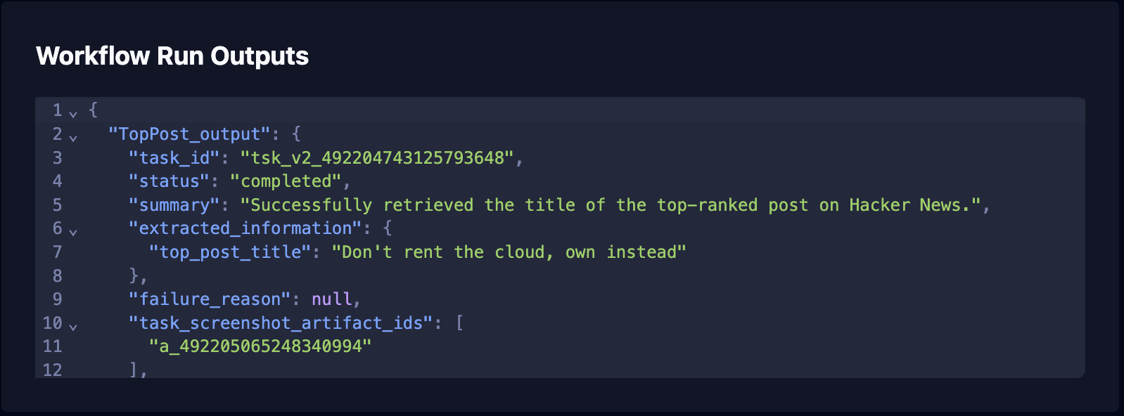 Agent Run Outputs showing extracted JSON data