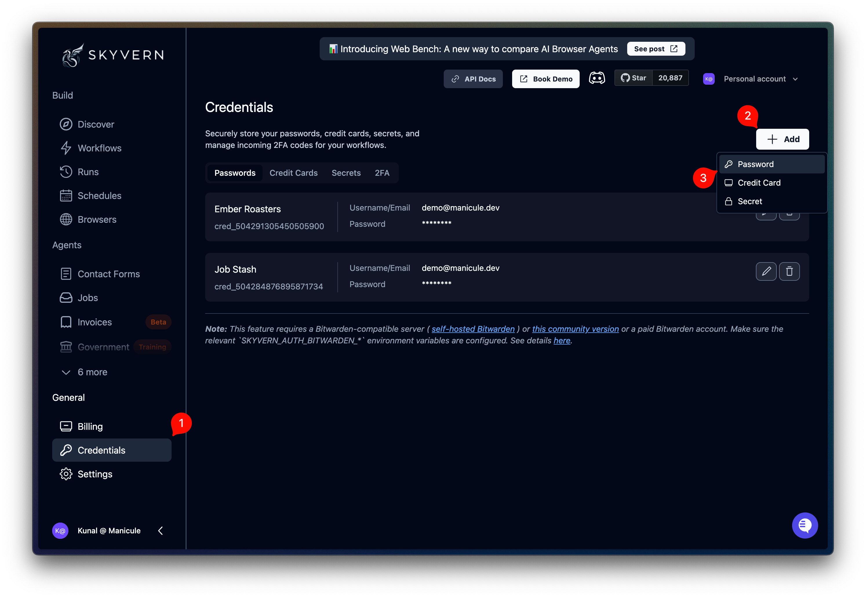 Credentials page showing password credentials with the Add button highlighted