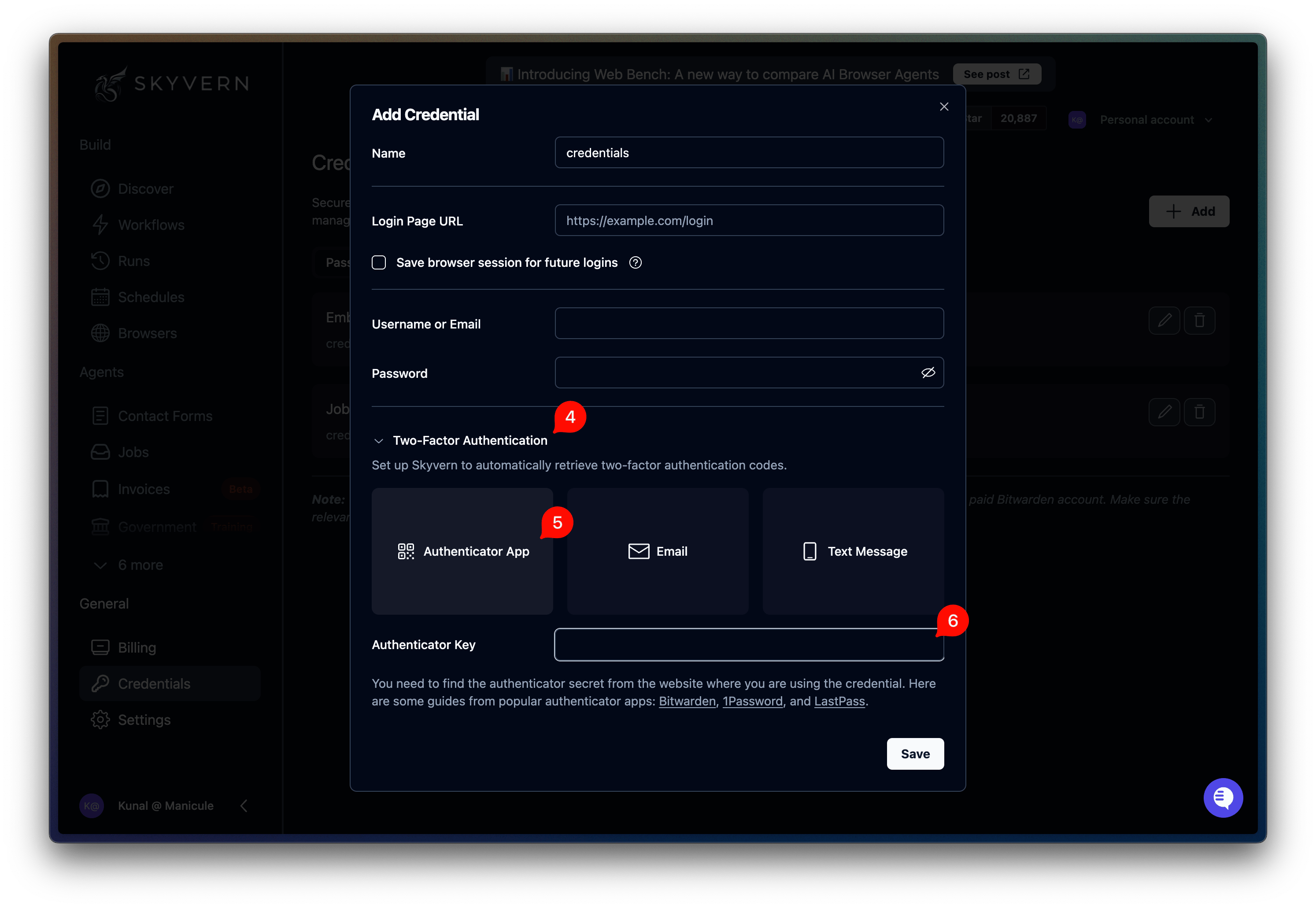 Add Credential dialog with Authenticator App selected and the Authenticator Key field