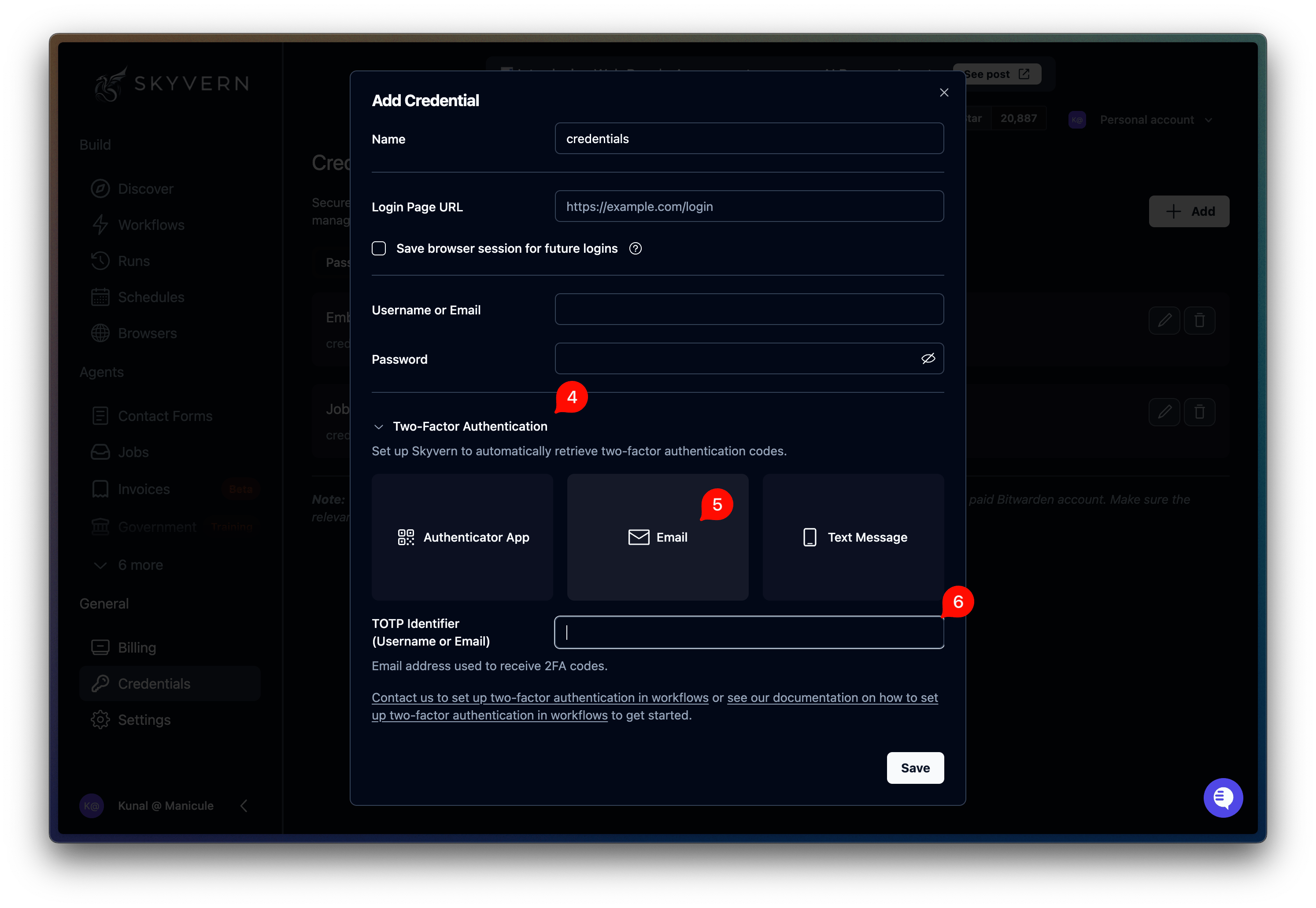 Add Credential dialog with Email selected and the TOTP Identifier field