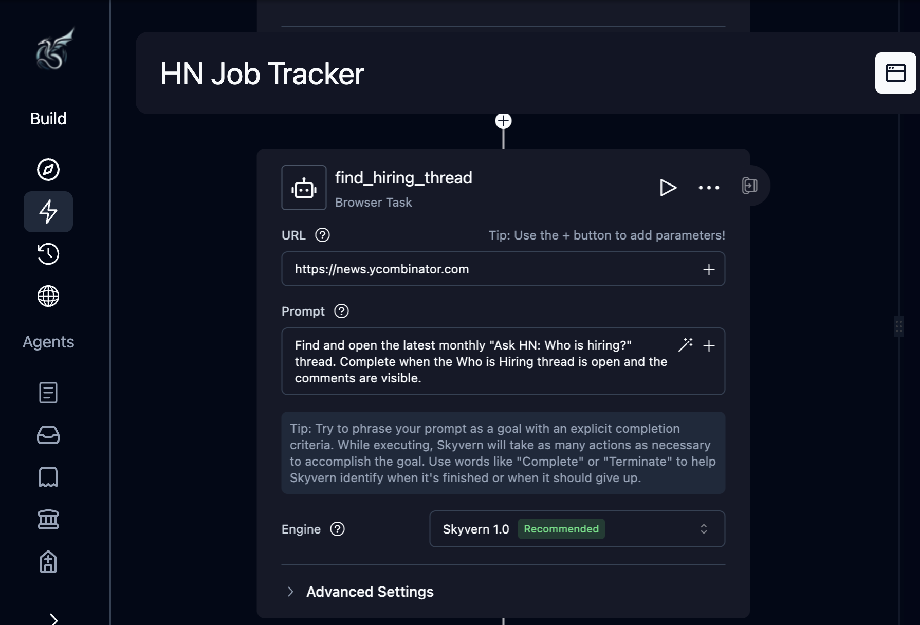 Browser Task block configured with find_hiring_thread label, URL, and prompt