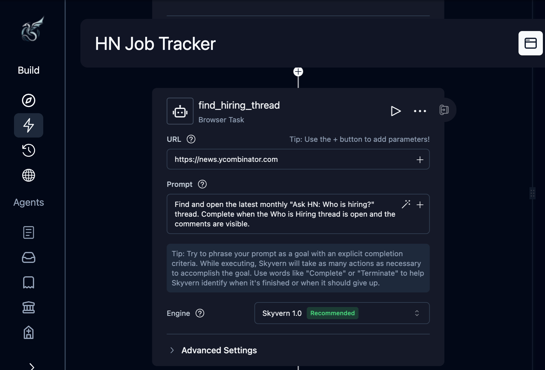 Browser Task block configured with find_hiring_thread label, URL, and prompt