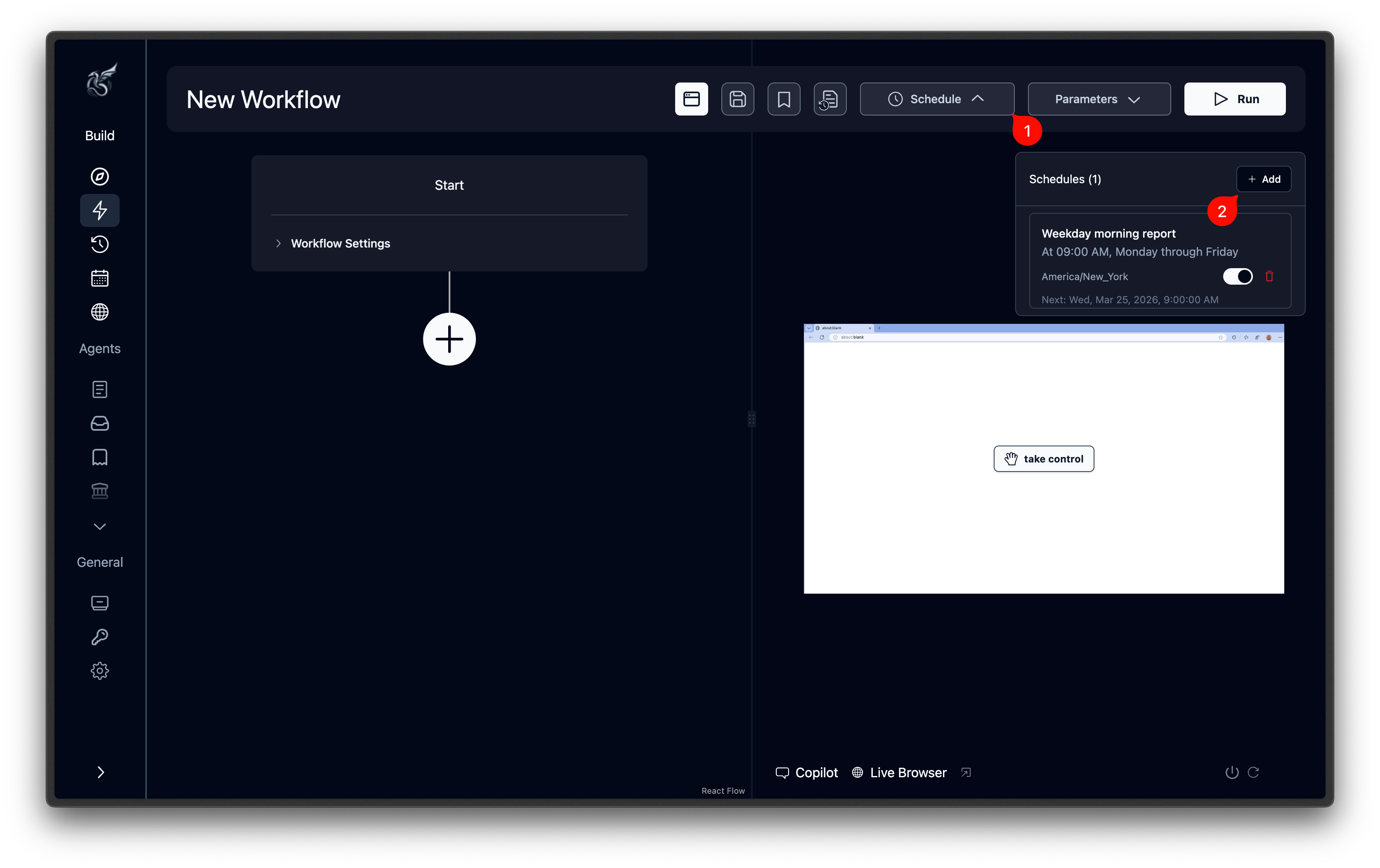 Agent editor page with Schedule button (clock icon) in the header bar