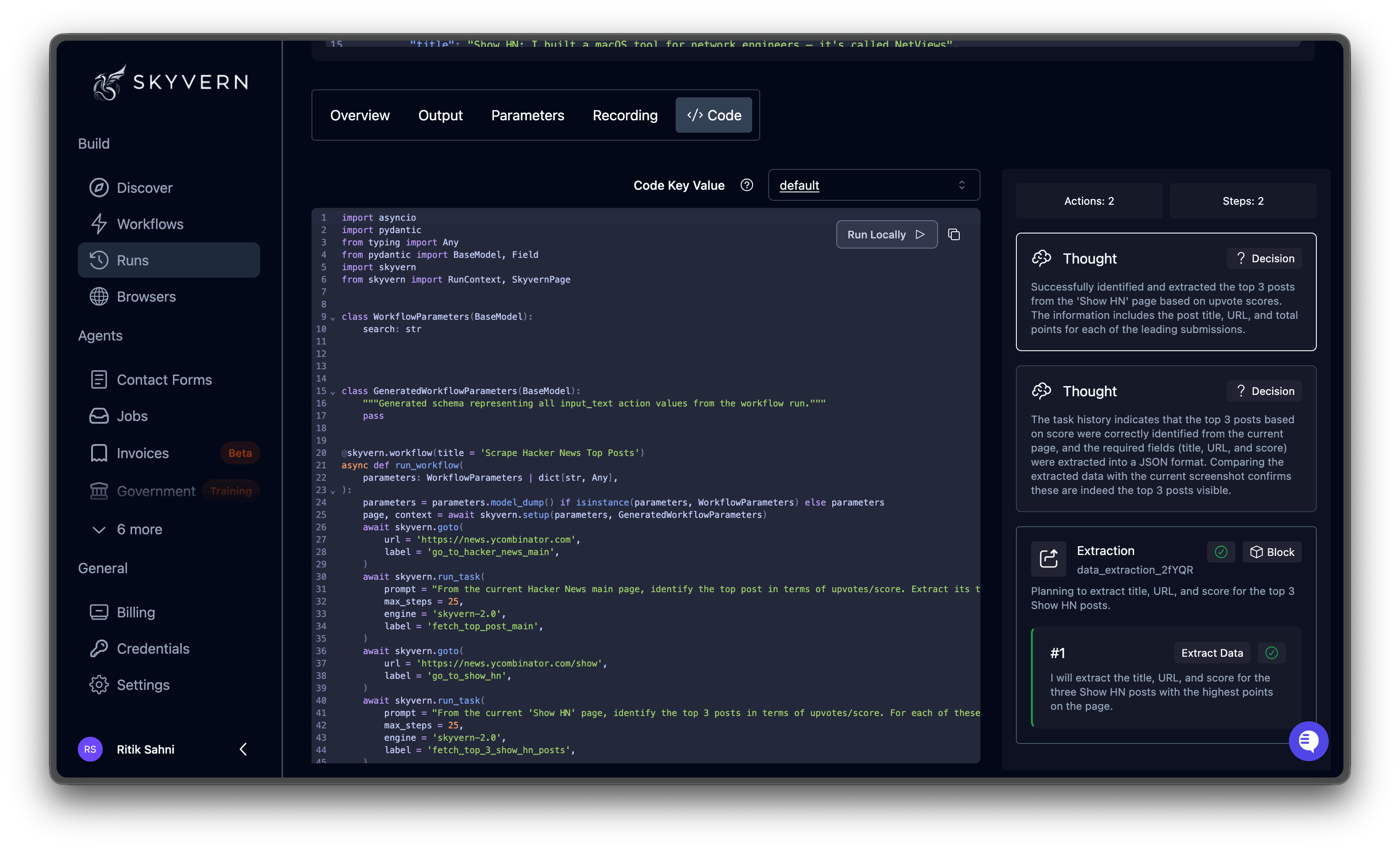 Code tab showing generated Python code with syntax highlighting