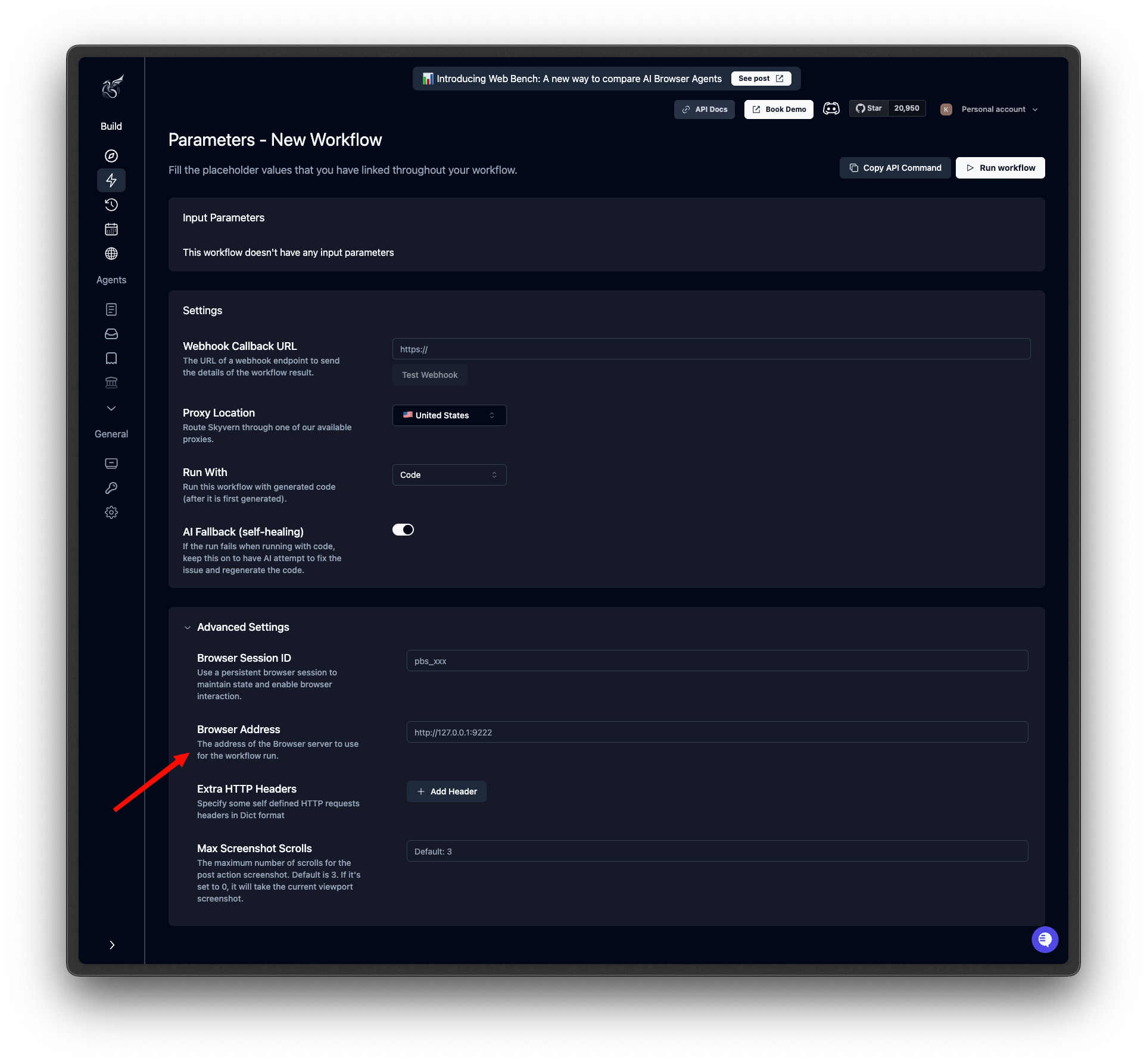 Agent run settings panel with a pbs_ session ID entered in the Browser Session ID field