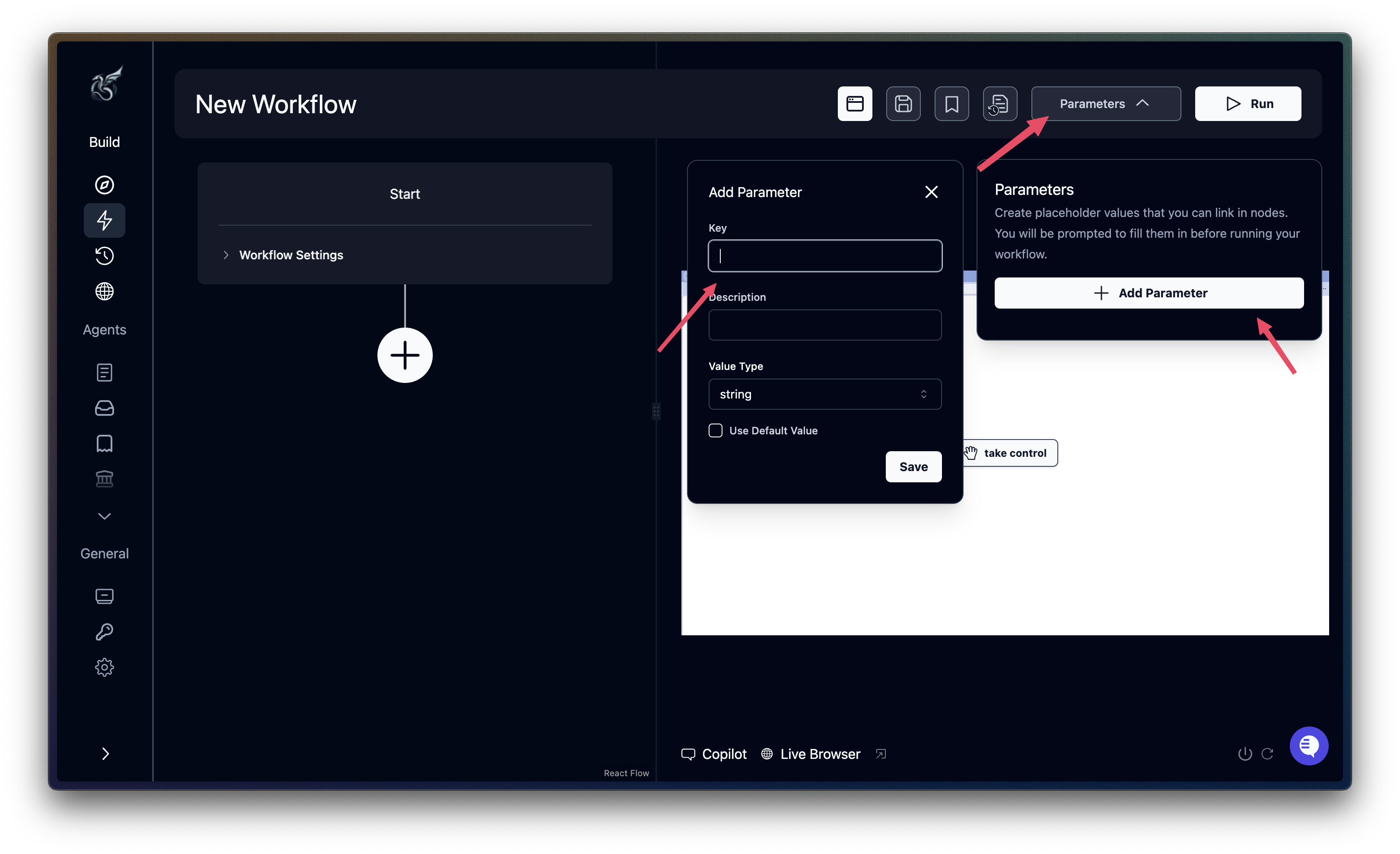 Setting input parameters in an agent in Skyvern